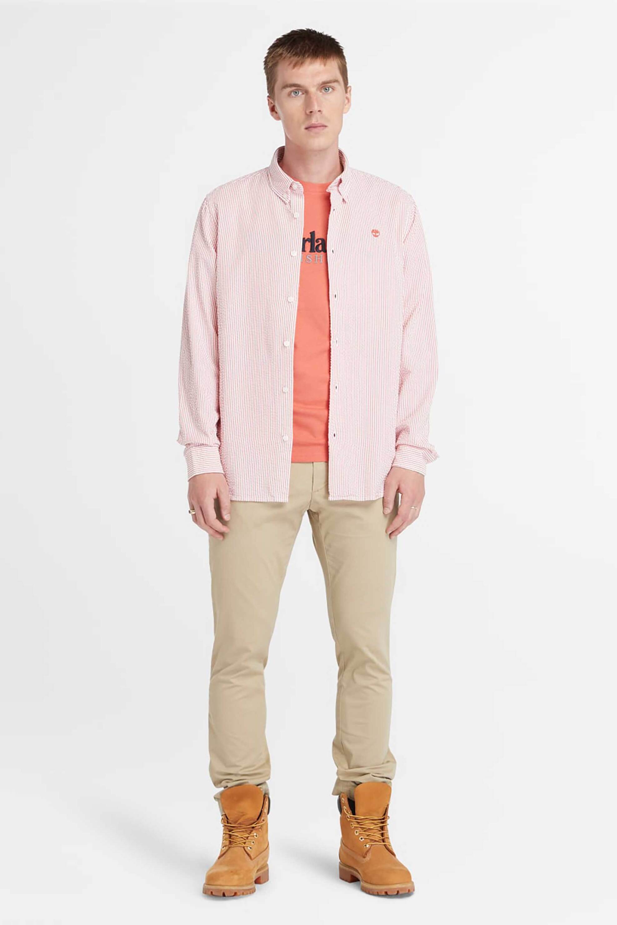 Timberland ανδρικό chino παντελόνι μονόχρωμο με logo patch πίσω Slim Fit - TB0A2BYYDH41 Μπεζ