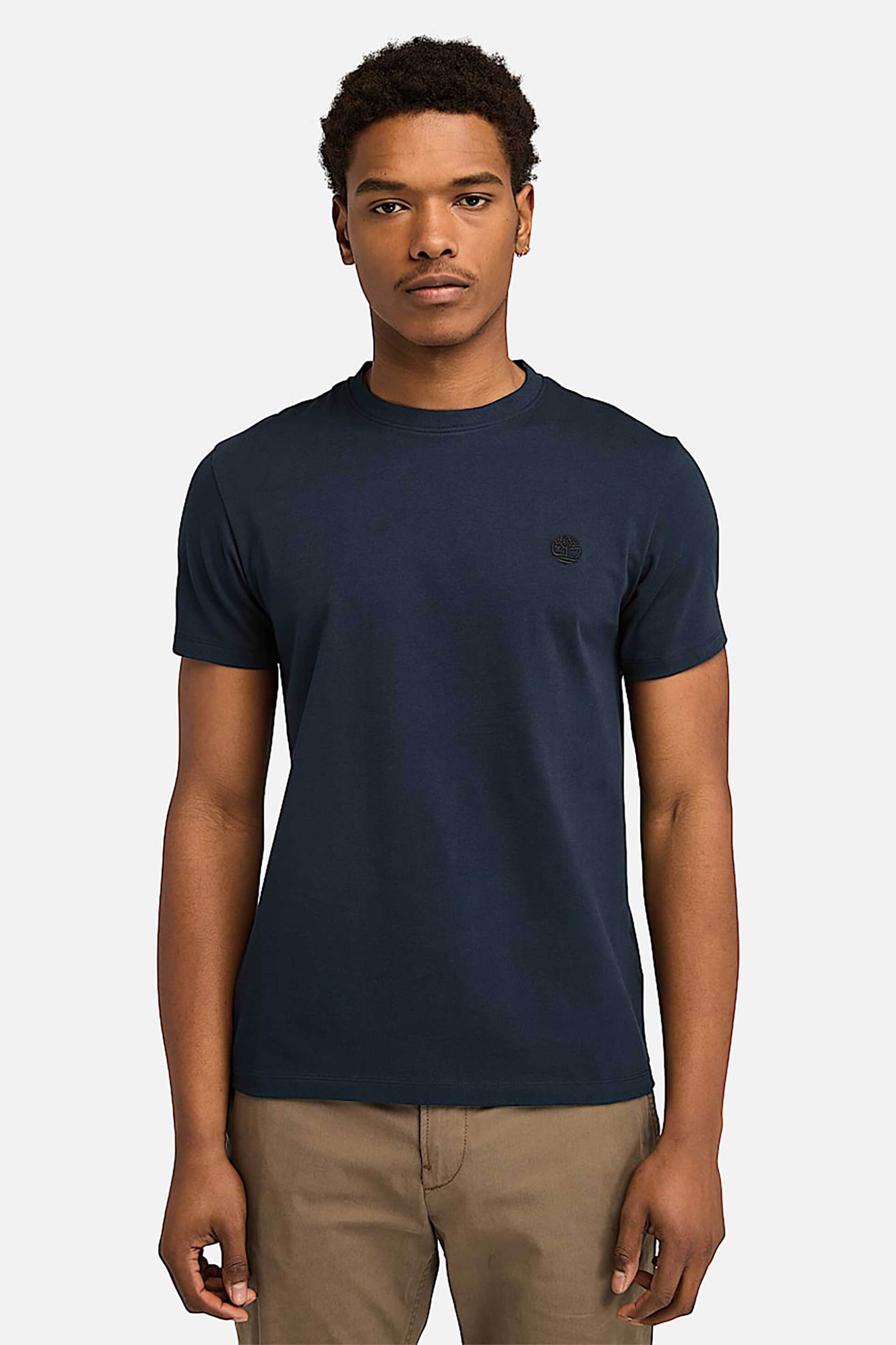 Timberland ανδρικό T-shirt μονόχρωμο με κεντημένο λογότυπο Slim Fit - TB0A2BPRZ021 Μπλε Σκούρο