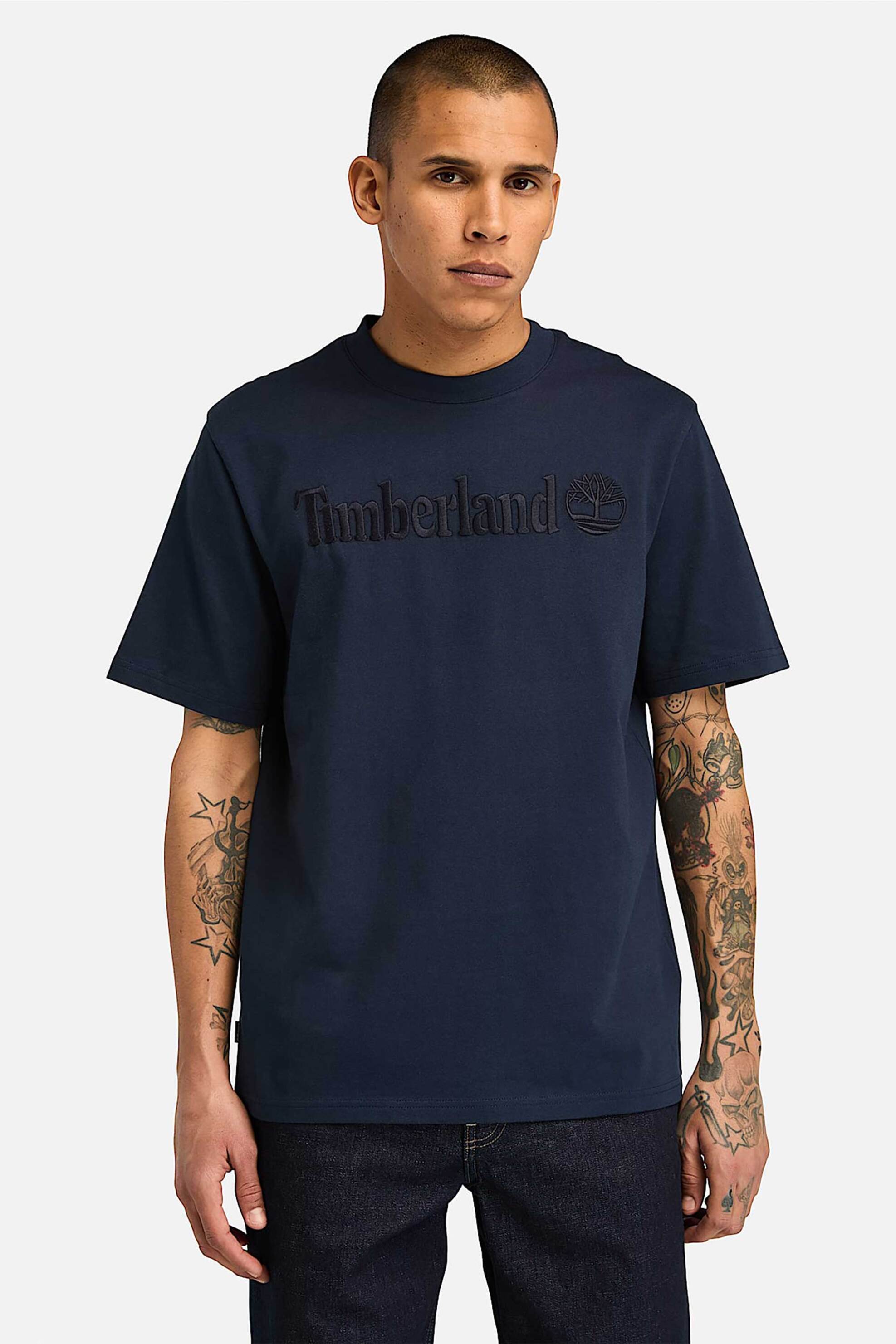 Timberland ανδρικό T-shirt μονόχρωμο με κεντημένο λογότυπο Regular Fit - TB0A6VPE4331 Μπλε Σκούρο