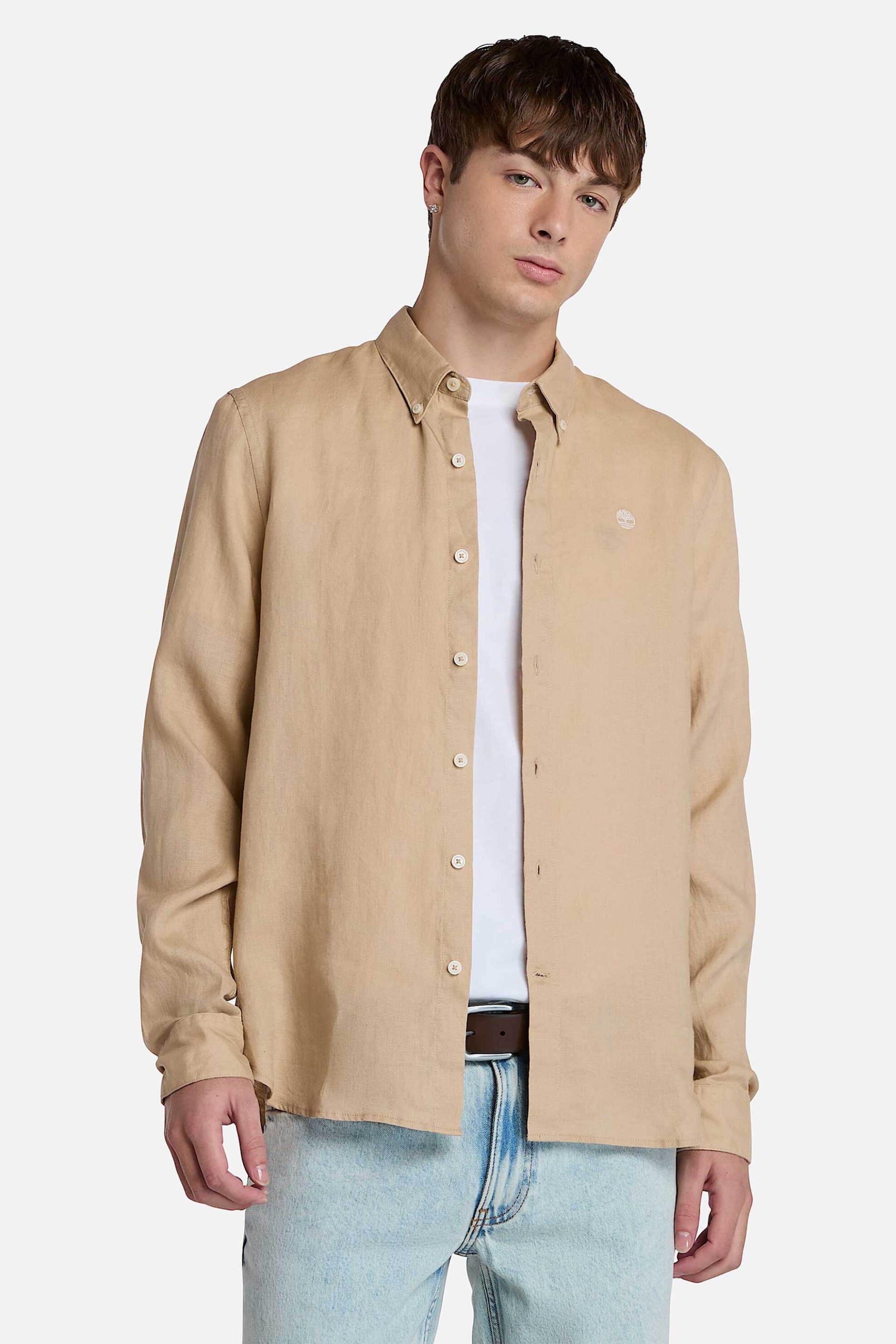Timberland ανδρικό λινό πουκάμισο button down με κεντημένο tree logo Slim Fit "Mill Brook" - TB0A2DC3Y941 Μπεζ