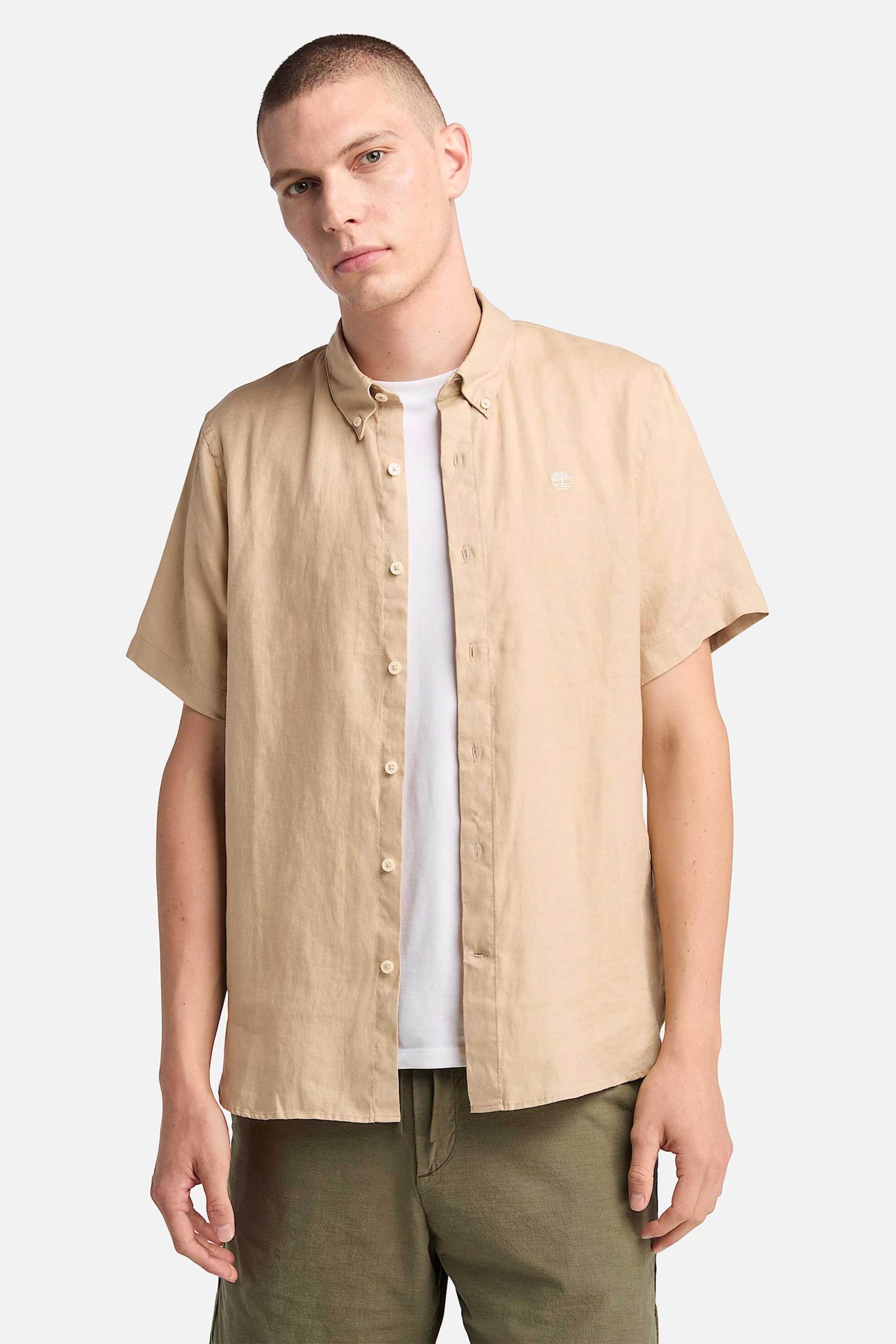 Timberland ανδρικό λινό πουκάμισο button down κοντομάνικο με κεντημένο tree logo Slim Fit "Mill Brook" - TB0A2DCCY941 Μπεζ