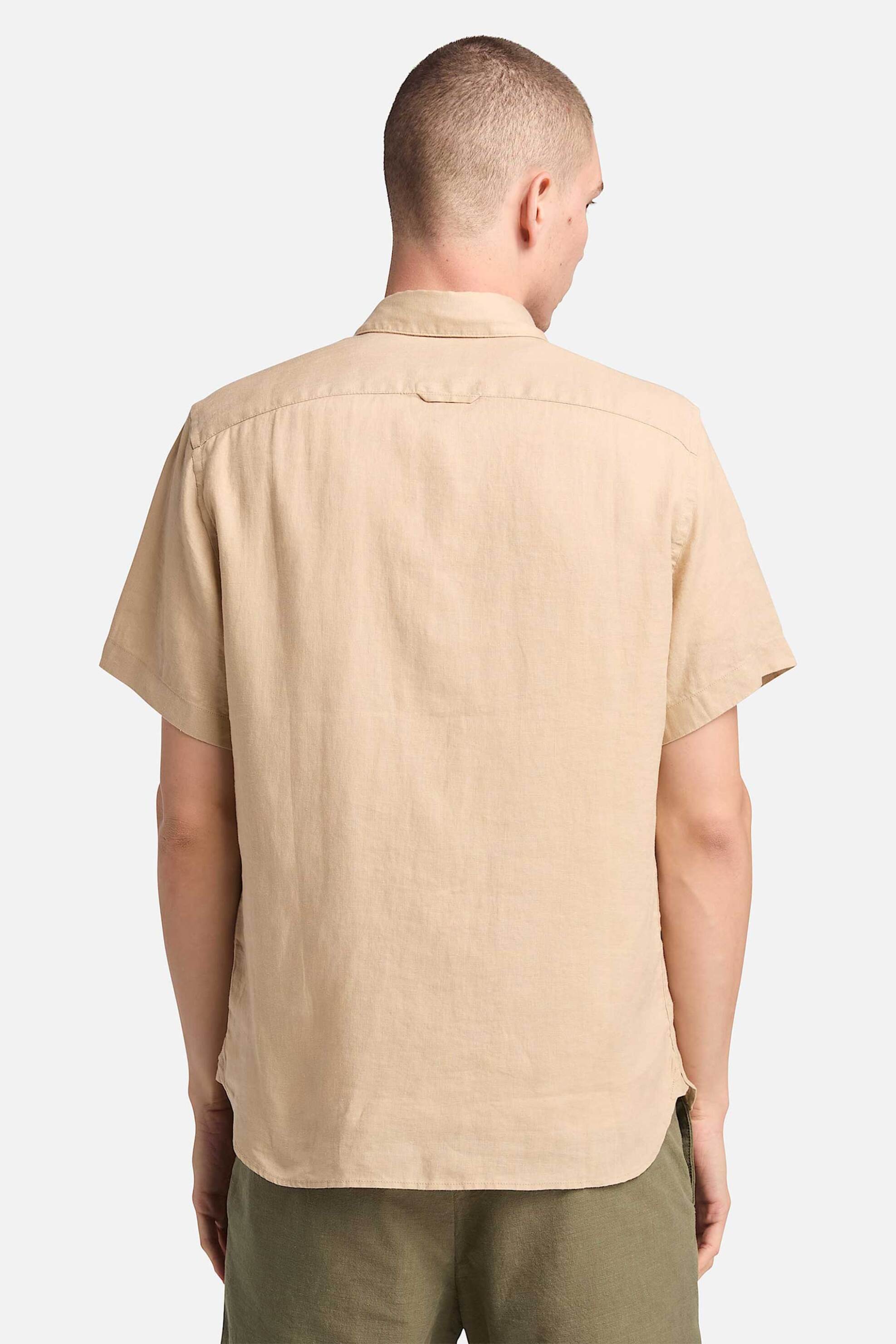 Timberland Ανδρικό Λινό Πουκάμισο Button Down Κοντομάνικο με Κεντημένο Tree Logo Slim Fit Mill Brook - Tb0A2Dccy941 Μπεζ