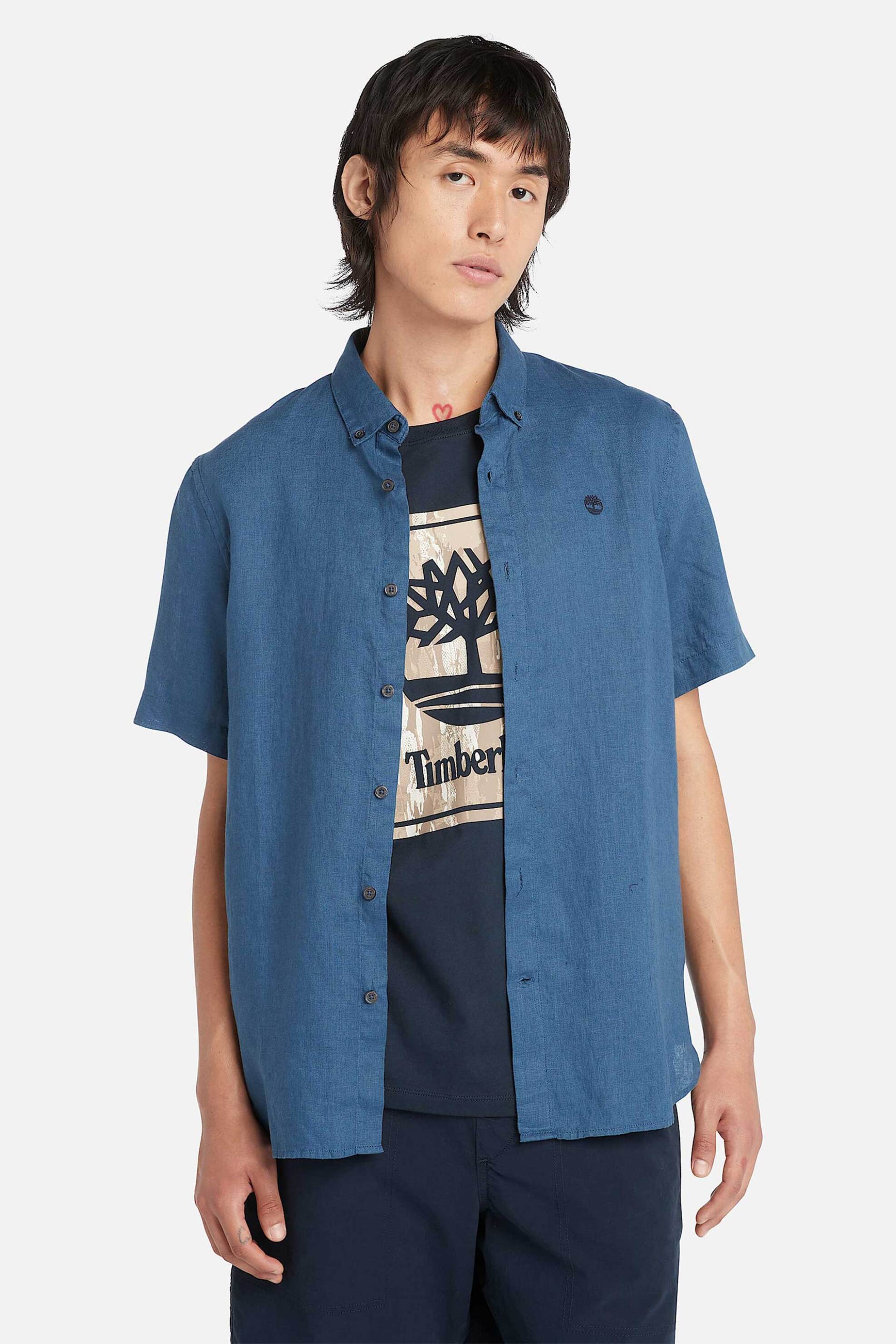 Timberland ανδρικό λινό πουκάμισο button down κοντομάνικο με κεντημένο tree logo Slim Fit "Mill Brook" - TB0A2DCC2881 Μπλε