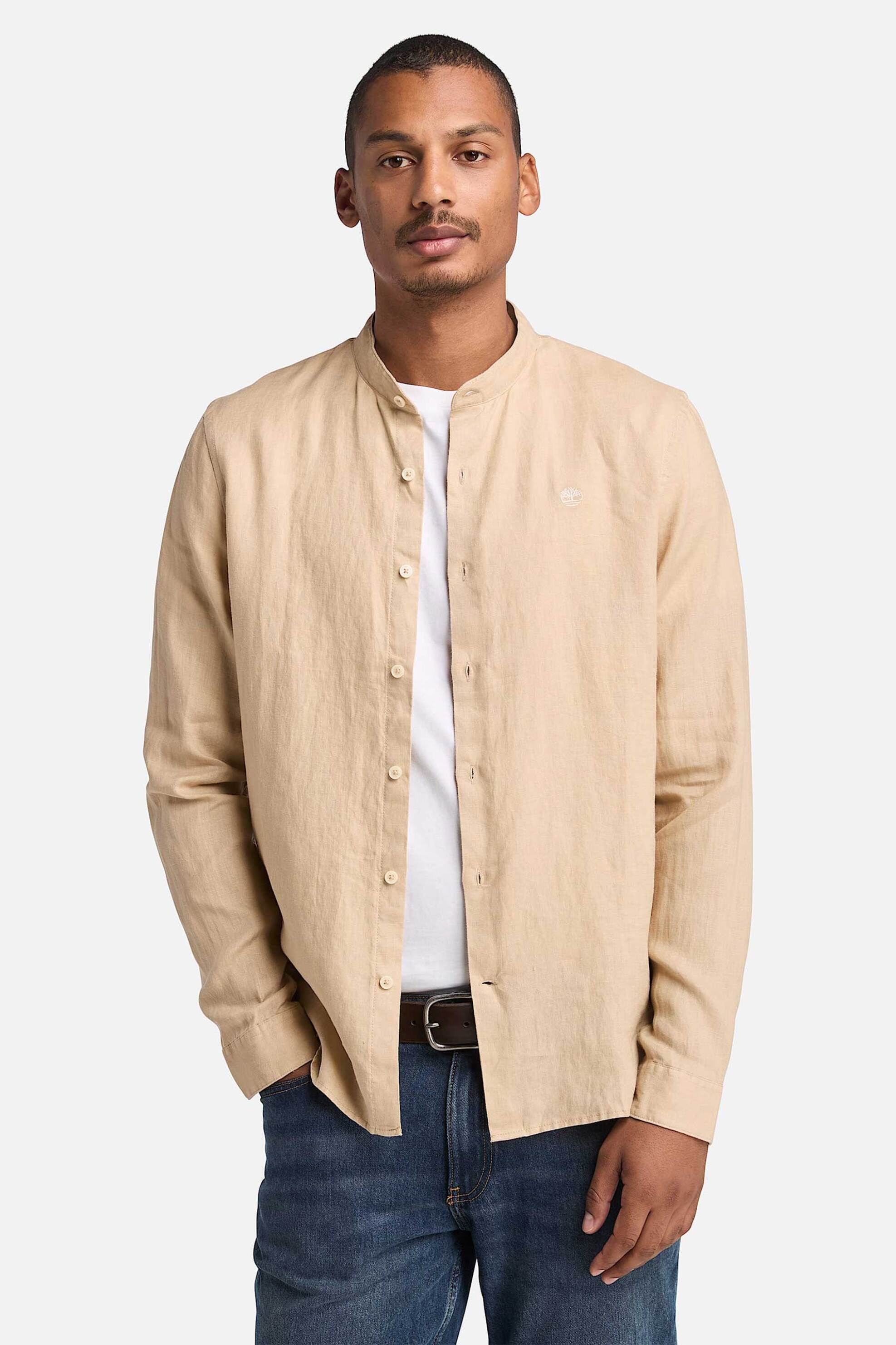 Timberland ανδρικό λινό πουκάμισο μάο με κεντημένο tree logo Slim Fit "Mill Brook" - TB0A2DC1Y941 Μπεζ