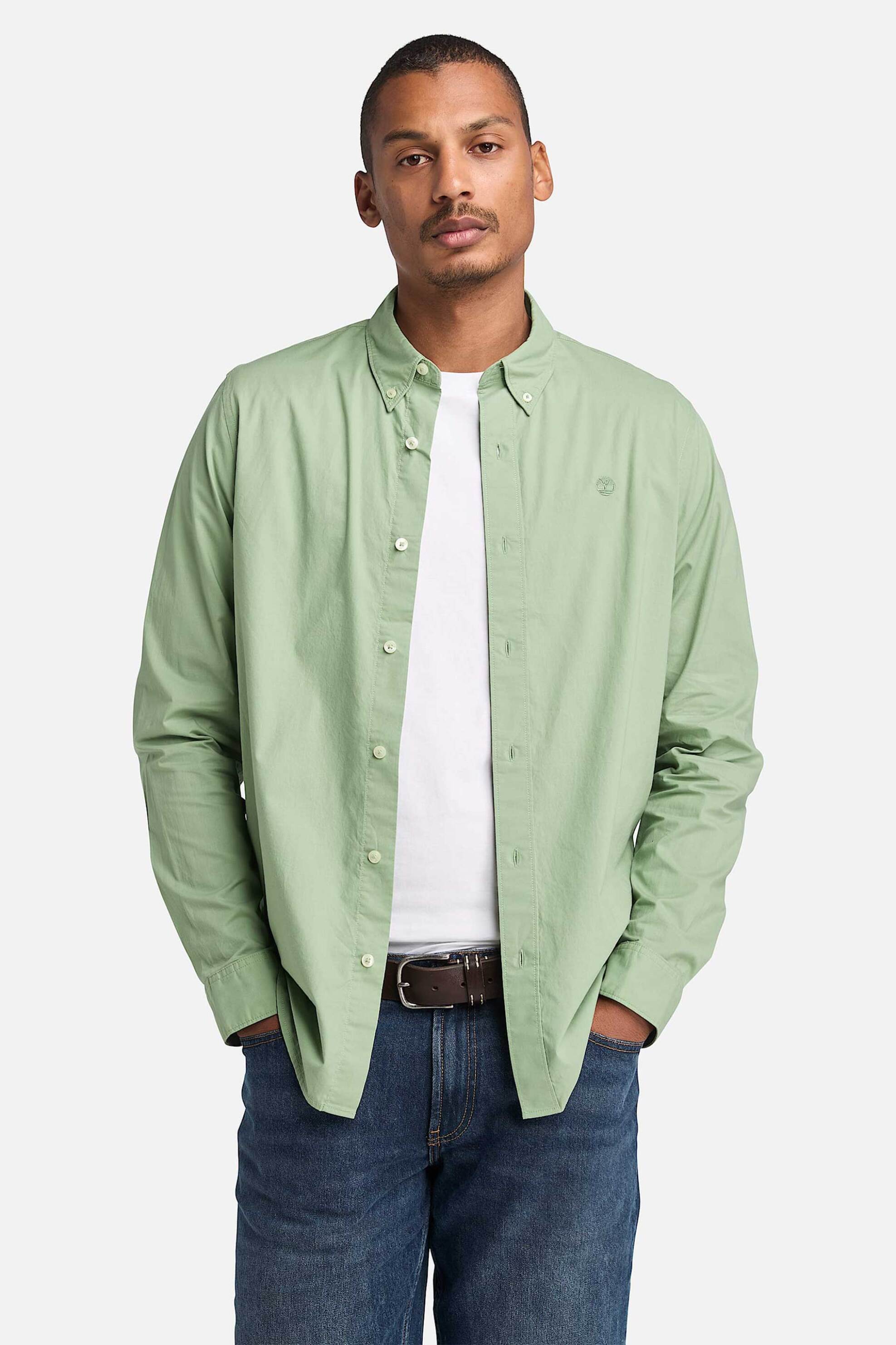 Timberland ανδρικό πουκάμισο button down με κεντημένο tree logo Regular Fit "Stretch Poplin" - TB0A6GRHEC61 Πράσινο Ανοιχτό