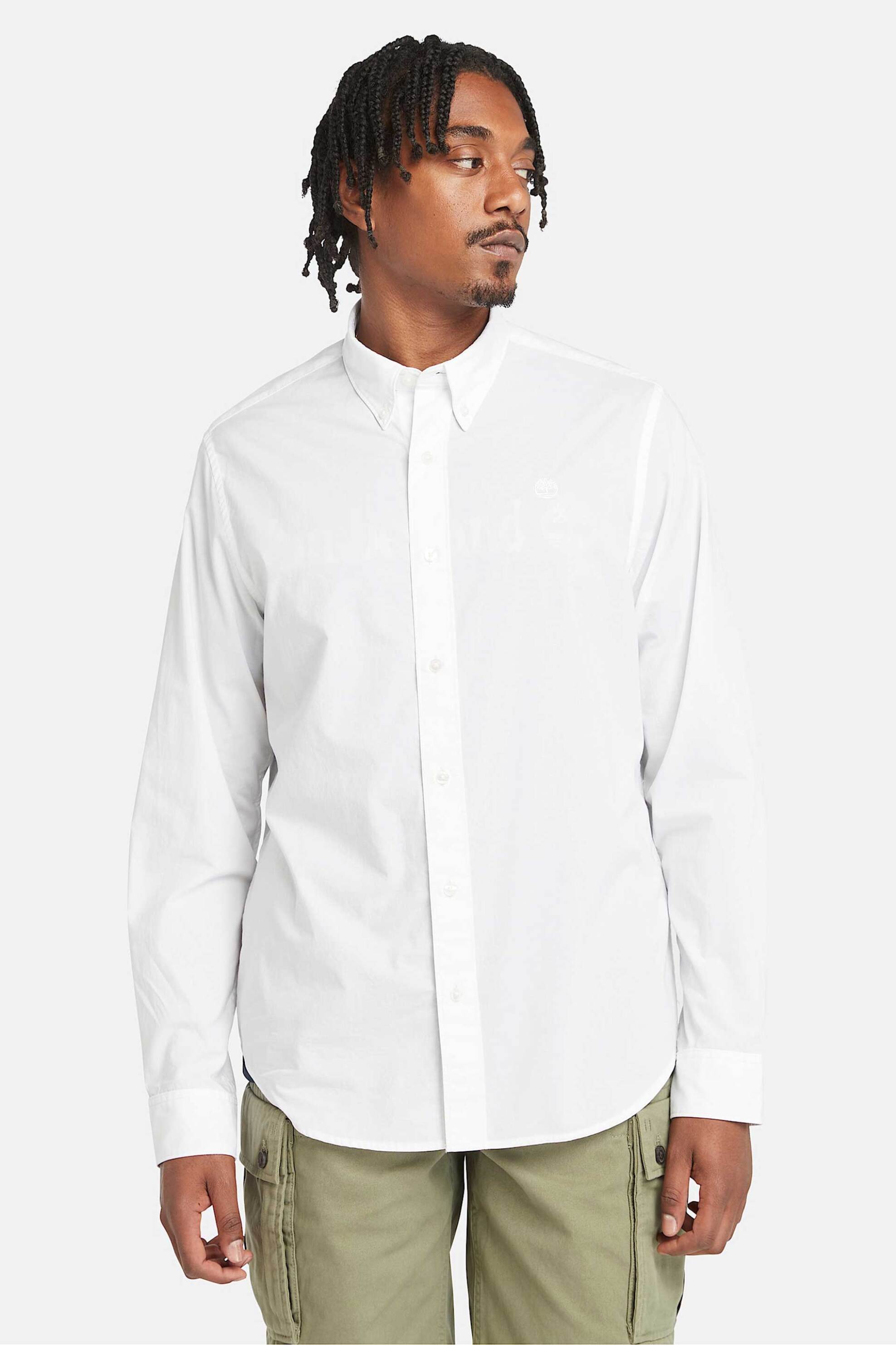 Timberland ανδρικό πουκάμισο button down με κεντημένο tree logo Regular Fit "Stretch Poplin" - TB0A6GRH1001 Λευκό