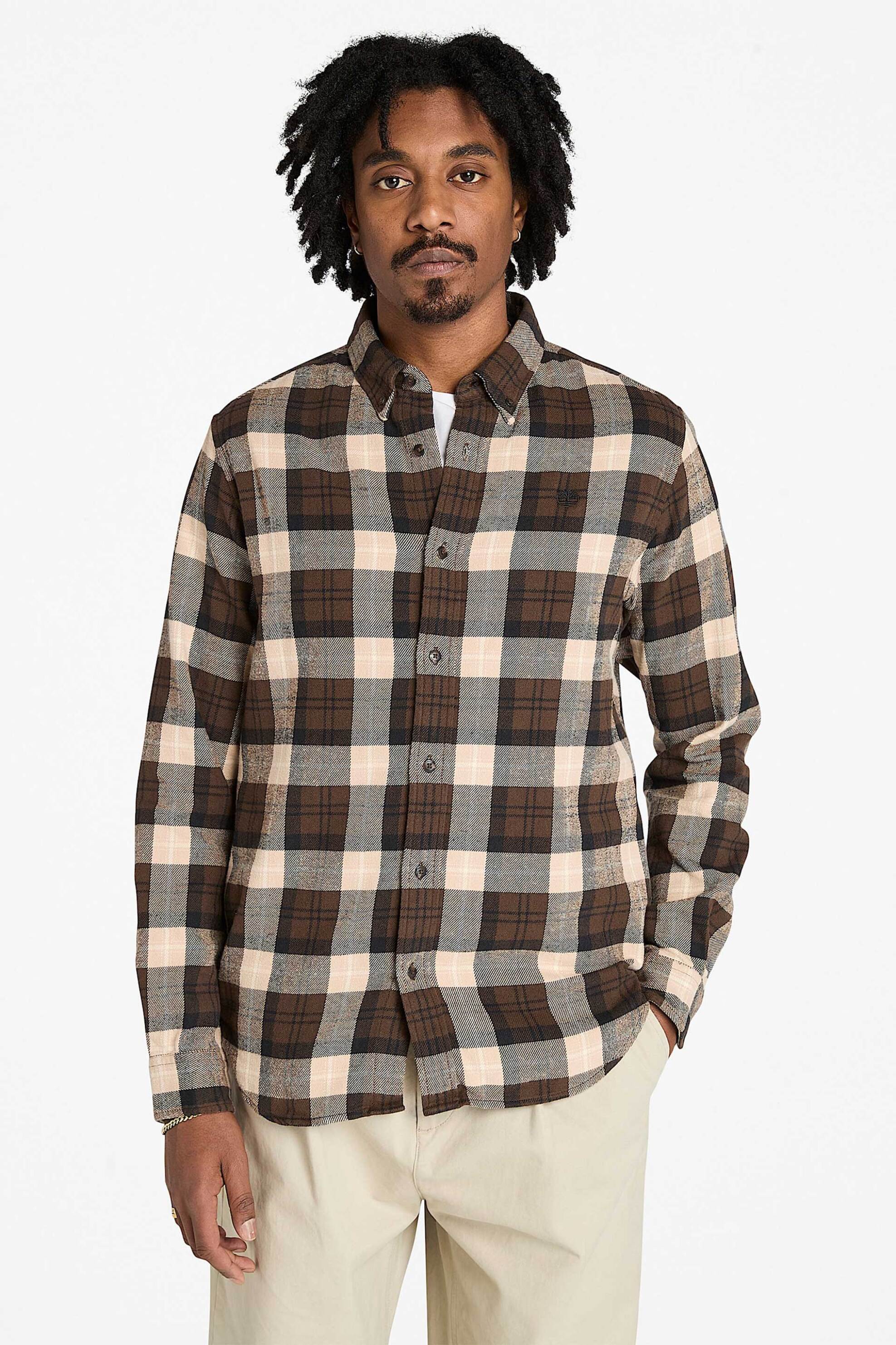 Timberland ανδρικό πουκάμισο flannel button down με καρό σχέδιο και κεντημένο λογότυπο Regular Fit - TB0A44XQG561 Καφέ