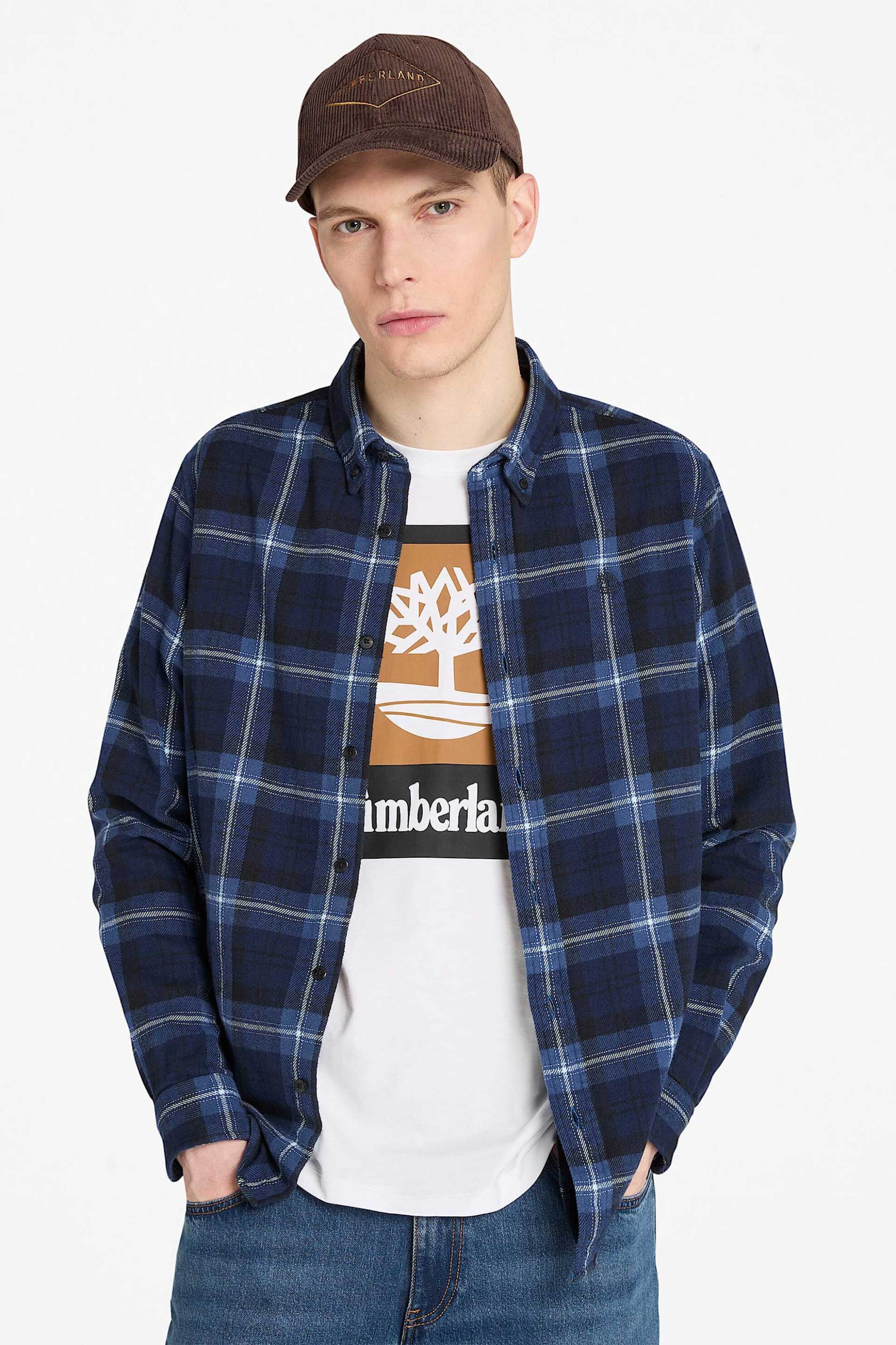 Timberland ανδρικό πουκάμισο flannel button down με καρό σχέδιο και κεντημένο λογότυπο Regular Fit - TB0A44XQV821 Μπλε Σκούρο