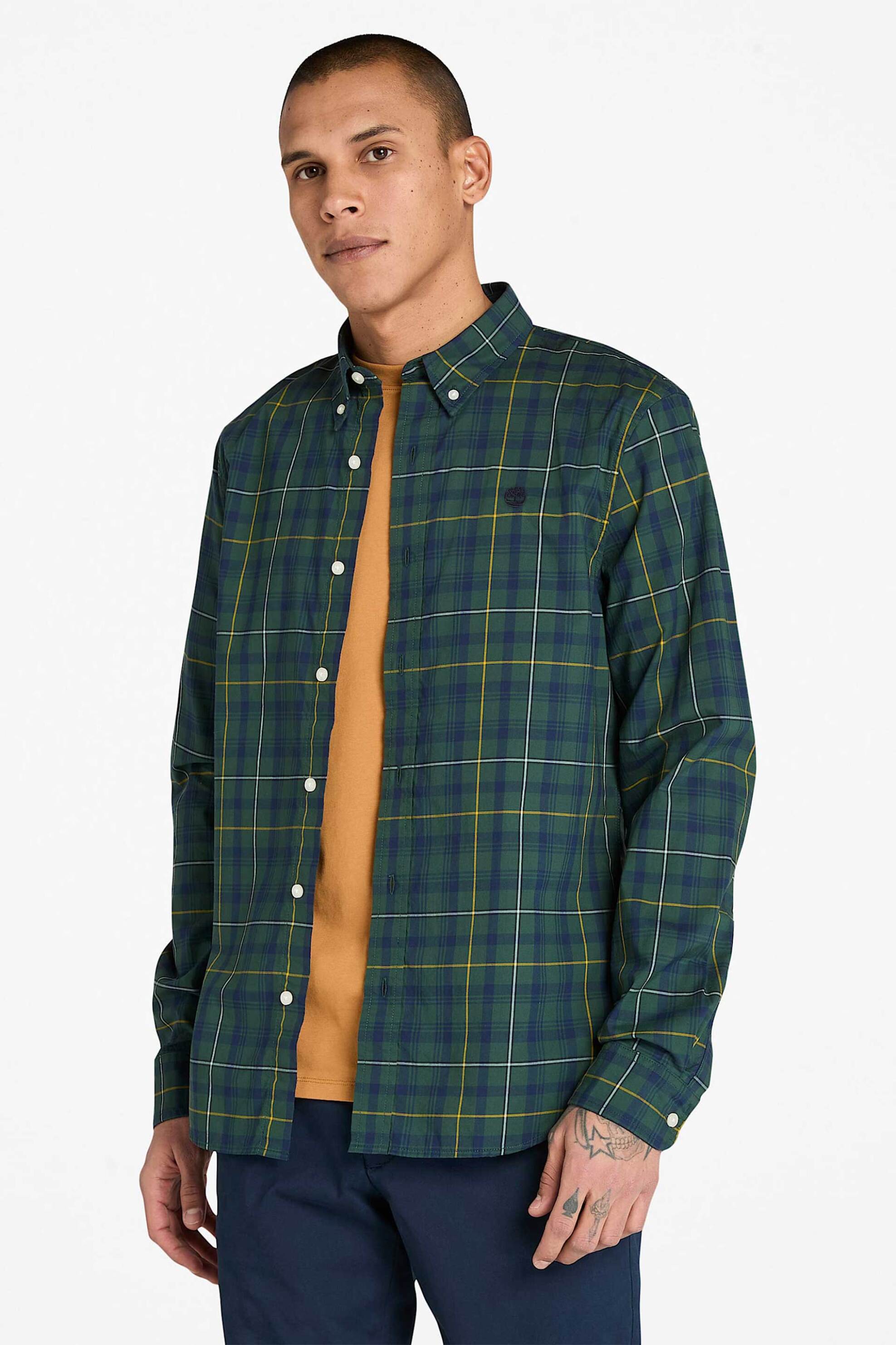 Timberland ανδρικό πουκάμισο stretch poplin button down με καρό σχέδιο και κεντημένο λογότυπο Slim Fit - TB0A5M16G821 Πράσινο Σκούρο