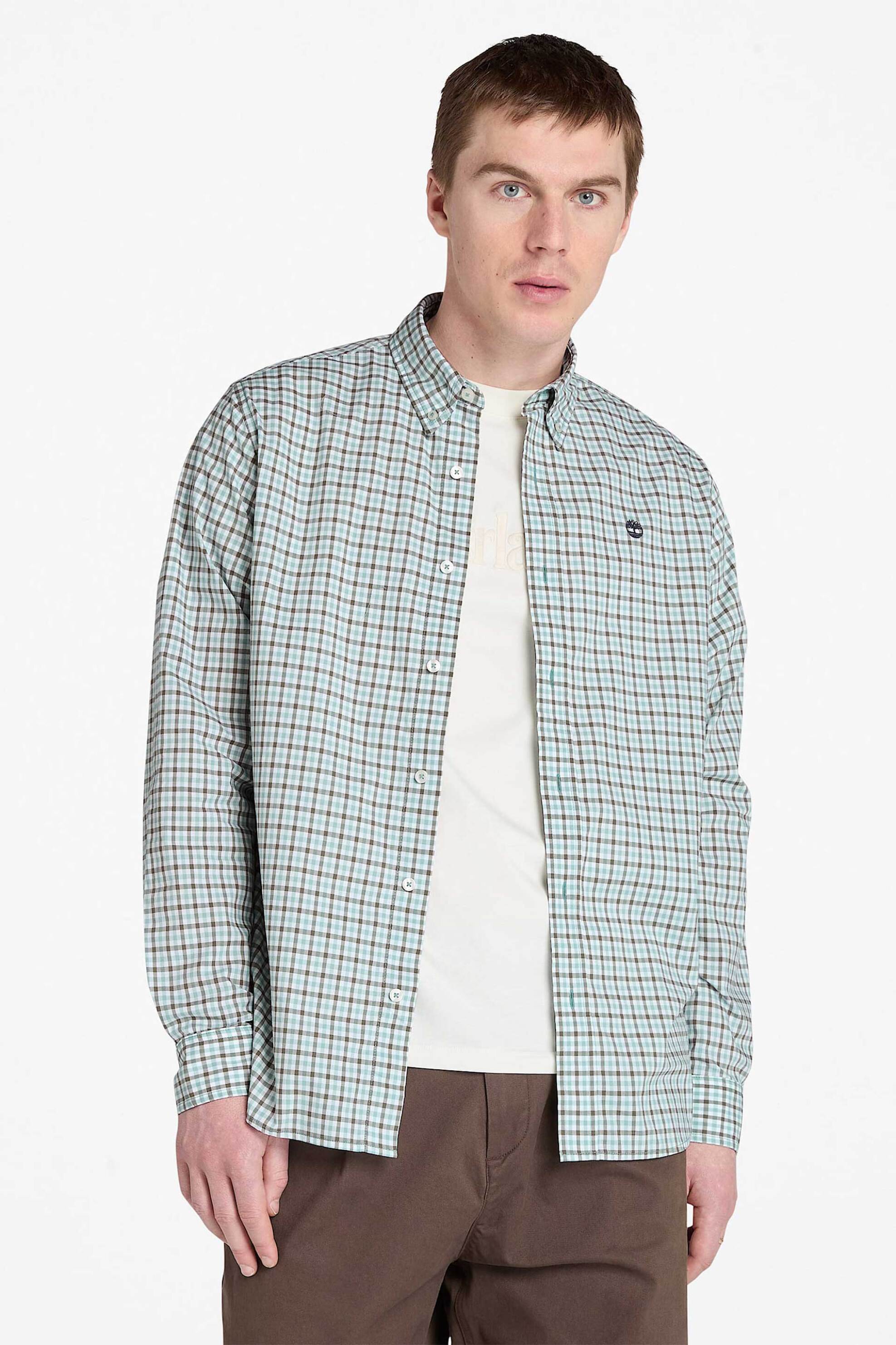Timberland ανδρικό πουκάμισο stretch poplin button down με καρό σχέδιο και κεντημένο λογότυπο Regular Fit - TB0A5M2EEYN1 Βεραμάν Ανοιχτό