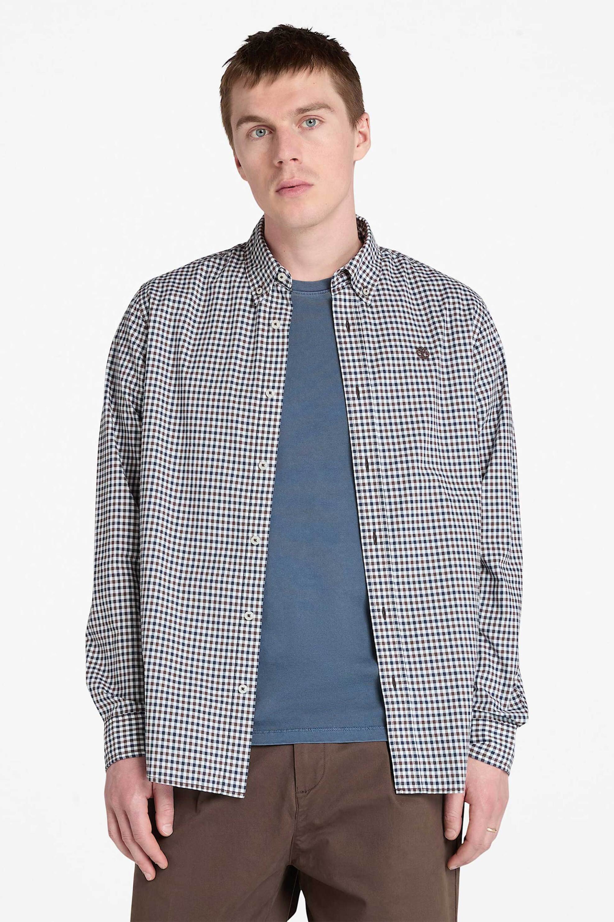 Timberland ανδρικό πουκάμισο stretch poplin button down με καρό σχέδιο και κεντημένο λογότυπο Regular Fit - TB0A5M2EG561 Καφέ