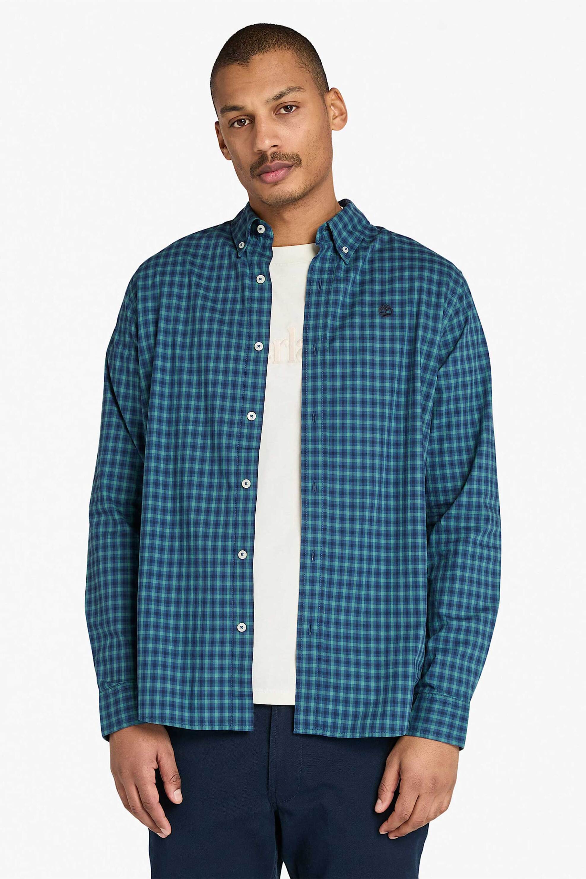 Timberland ανδρικό πουκάμισο stretch poplin button down με καρό σχέδιο και κεντημένο λογότυπο Regular Fit - TB0A5M2EG661 Μπλε