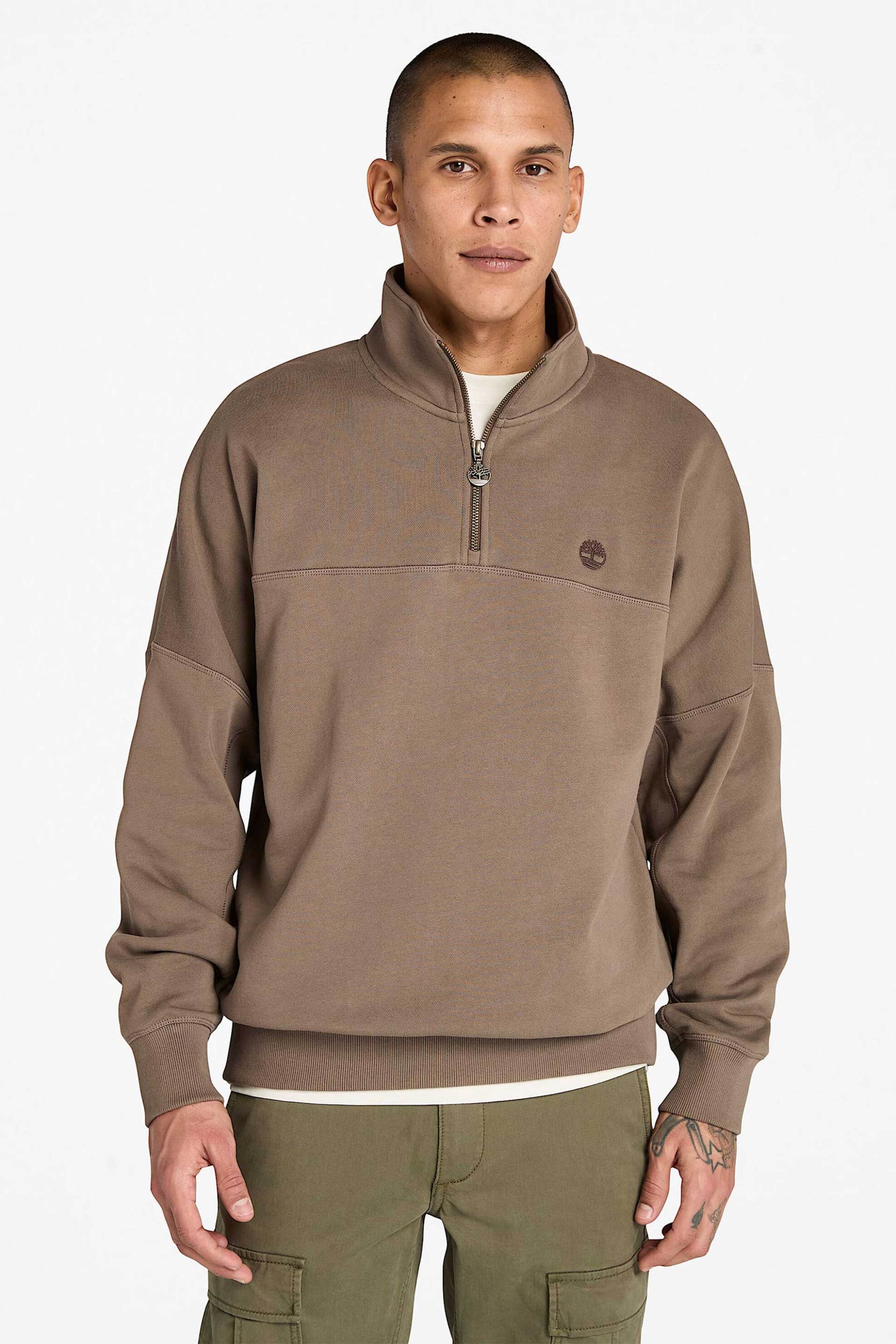 Timberland ανδρική μπλούζα φούτερ με κεντημένο λογότυπο και ψηλό λαιμό με φερμουάρ Authentic Fit - TB0A5MD2BK01 Καφέ