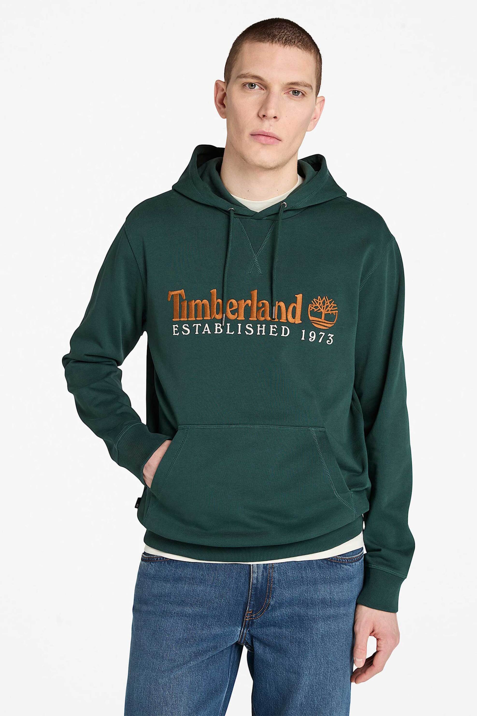 Timberland ανδρική μπλούζα φούτερ με κουκούλα και κεντημένο λογότυπο Regular Fit "Established 1973" - TB0A5MX83171 Πράσινο Σκούρο