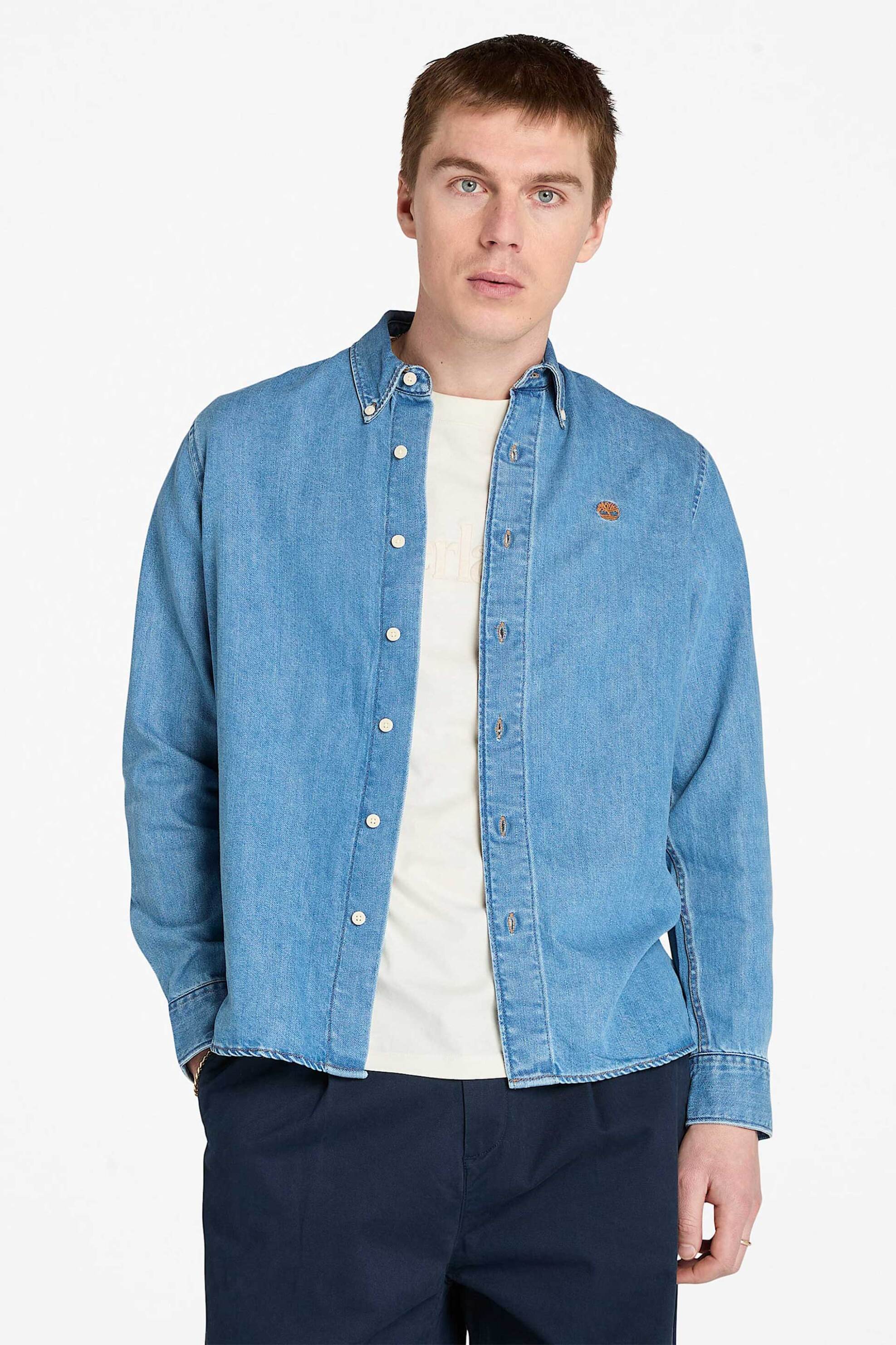 Timberland ανδρικό denim πουκάμισο με κεντημένο λογότυπο Regular Fit - TB0A44UZA2V1 Denim Blue