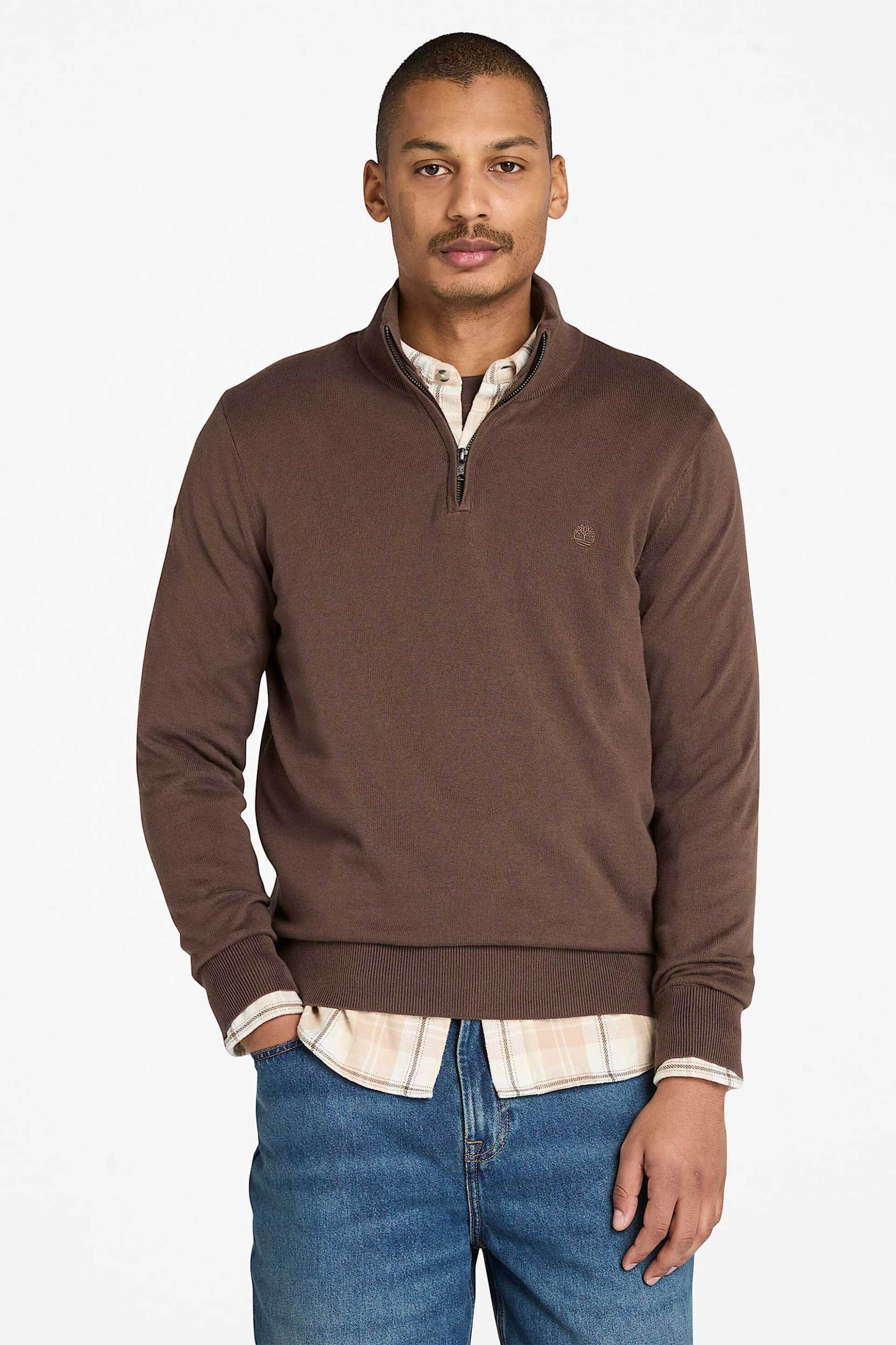 Timberland ανδρικό πουλόβερ μονόχρωμο με κεντημένο λογότυπο και φερμουάρ 1/2 Regular Fit "Williams River" - TB0A2BMX2431 Καφέ