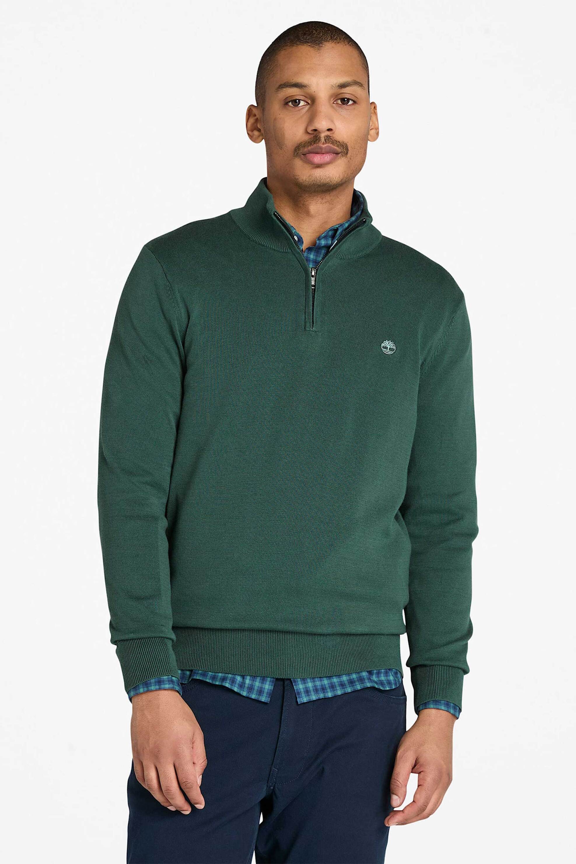 Timberland ανδρικό πουλόβερ μονόχρωμο με κεντημένο λογότυπο και φερμουάρ 1/2 Regular Fit "Williams River" - TB0A2BMX3171 Πράσινο Σκούρο