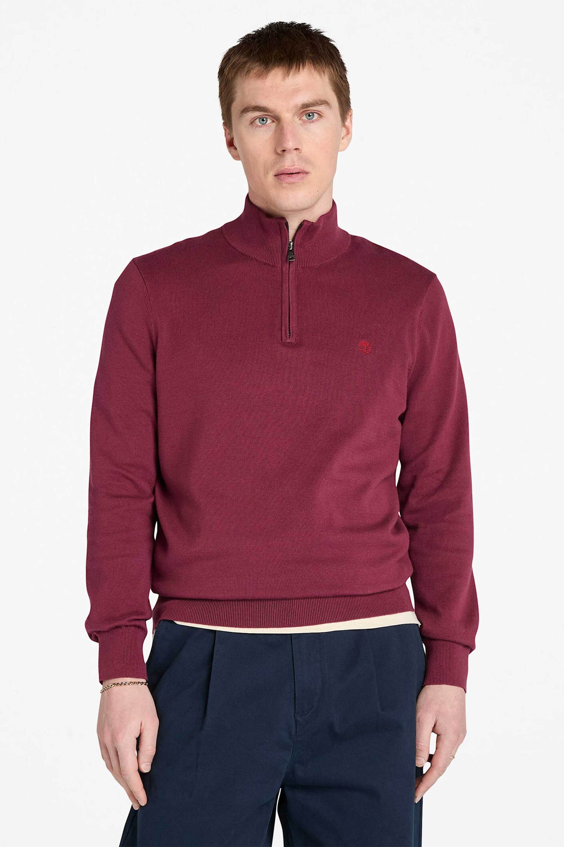 Timberland ανδρικό πουλόβερ μονόχρωμο με κεντημένο λογότυπο και φερμουάρ 1/2 Regular Fit "Williams River" - TB0A2BMX6481 Μπορντό
