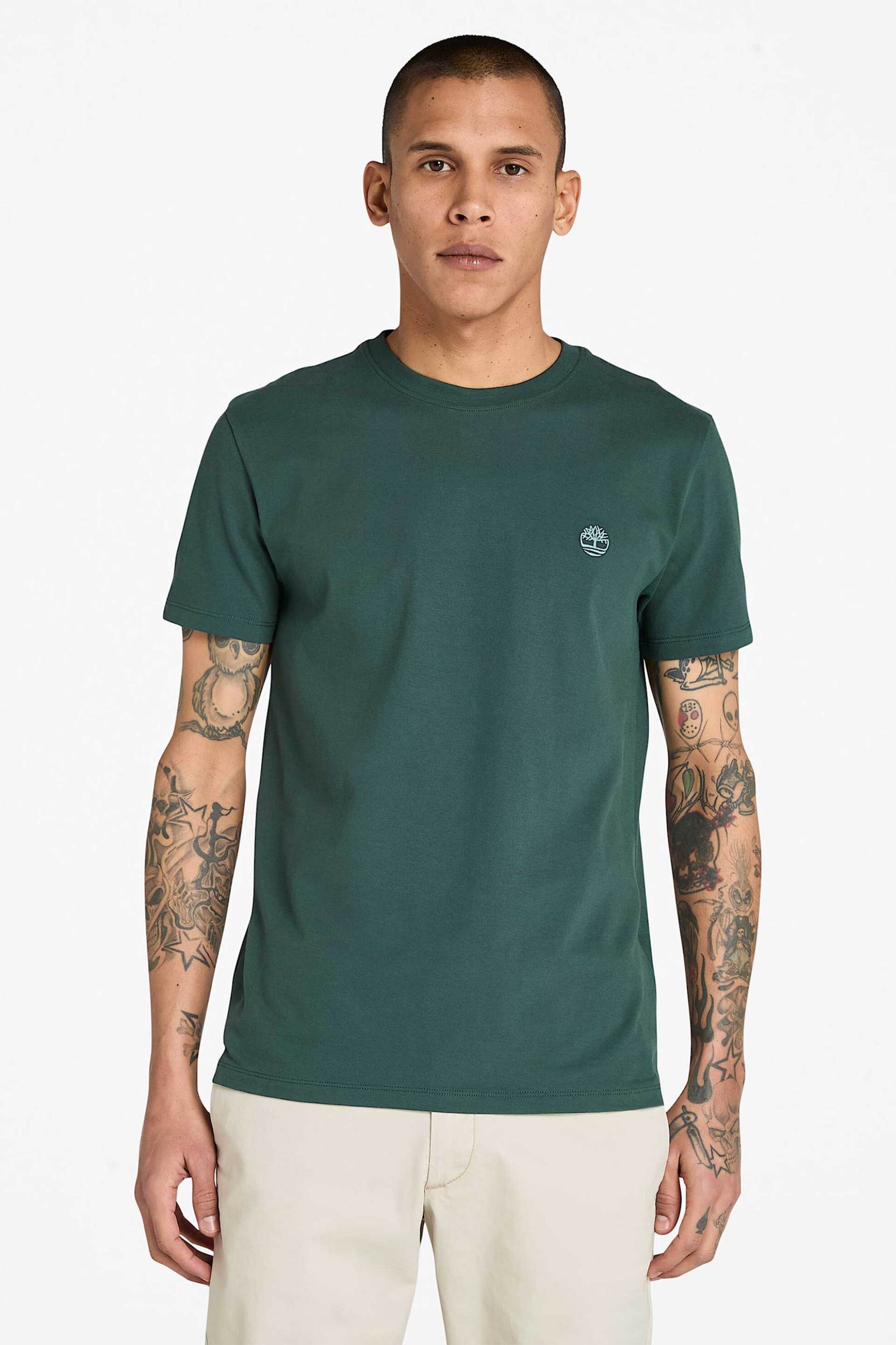 Timberland ανδρικό T-shirt μονόχρωμο με κεντημένο λογότυπο Slim Fit "Dunstan River" - TB0A2BPR3171 Πράσινο Σκούρο