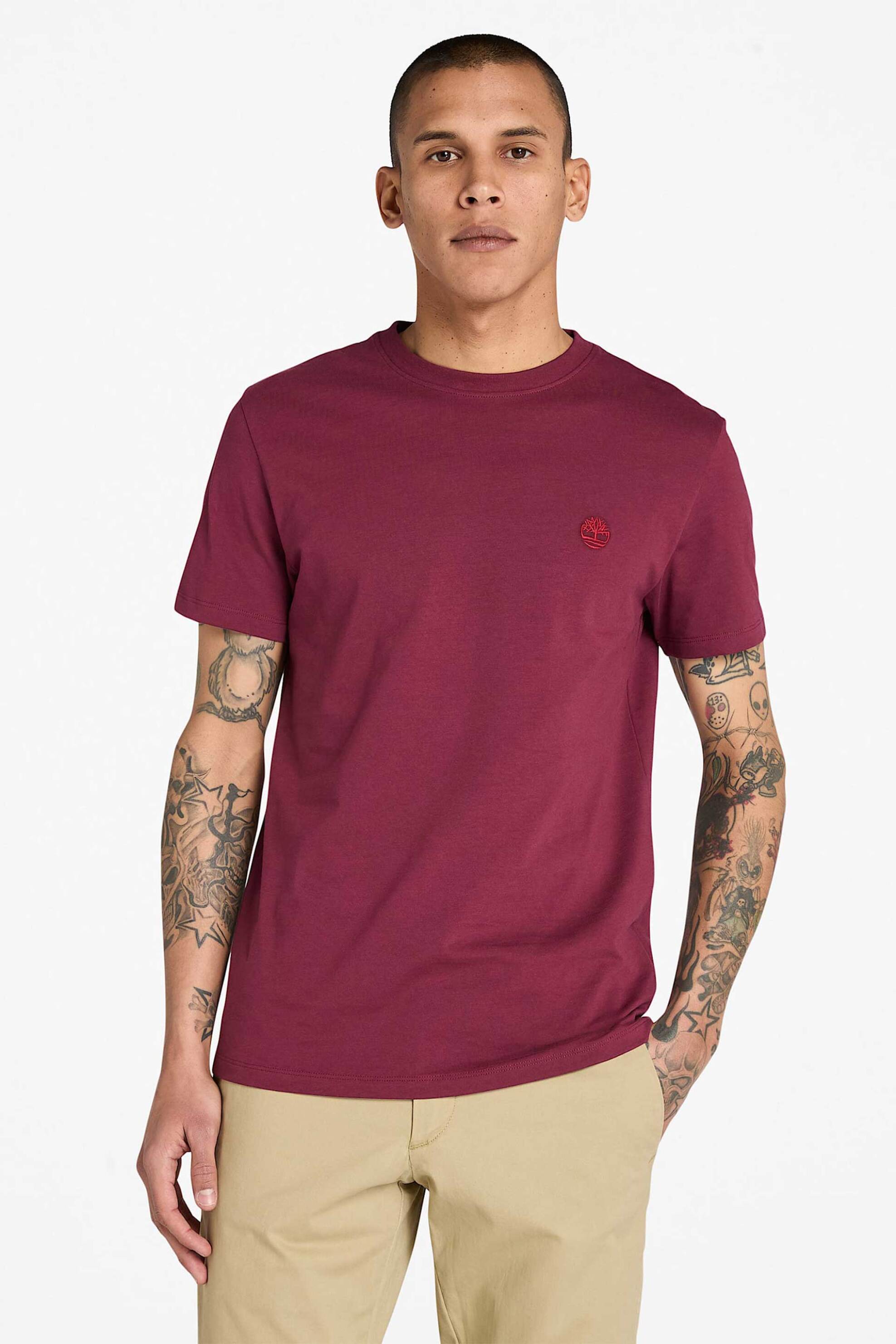 Timberland ανδρικό T-shirt μονόχρωμο με κεντημένο λογότυπο Slim Fit "Dunstan River" - TB0A2BPR6481 Μπορντό