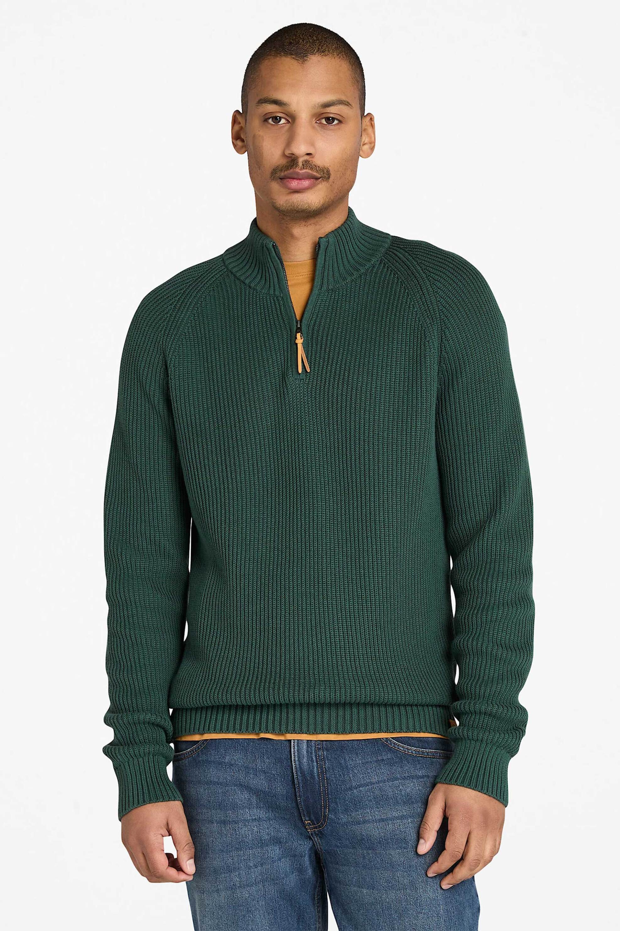 Timberland ανδρικό πουλόβερ textured με φερμουάρ 1/2 Regular Fit "Williams River" - TB0A5M8P3171 Πράσινο Σκούρο