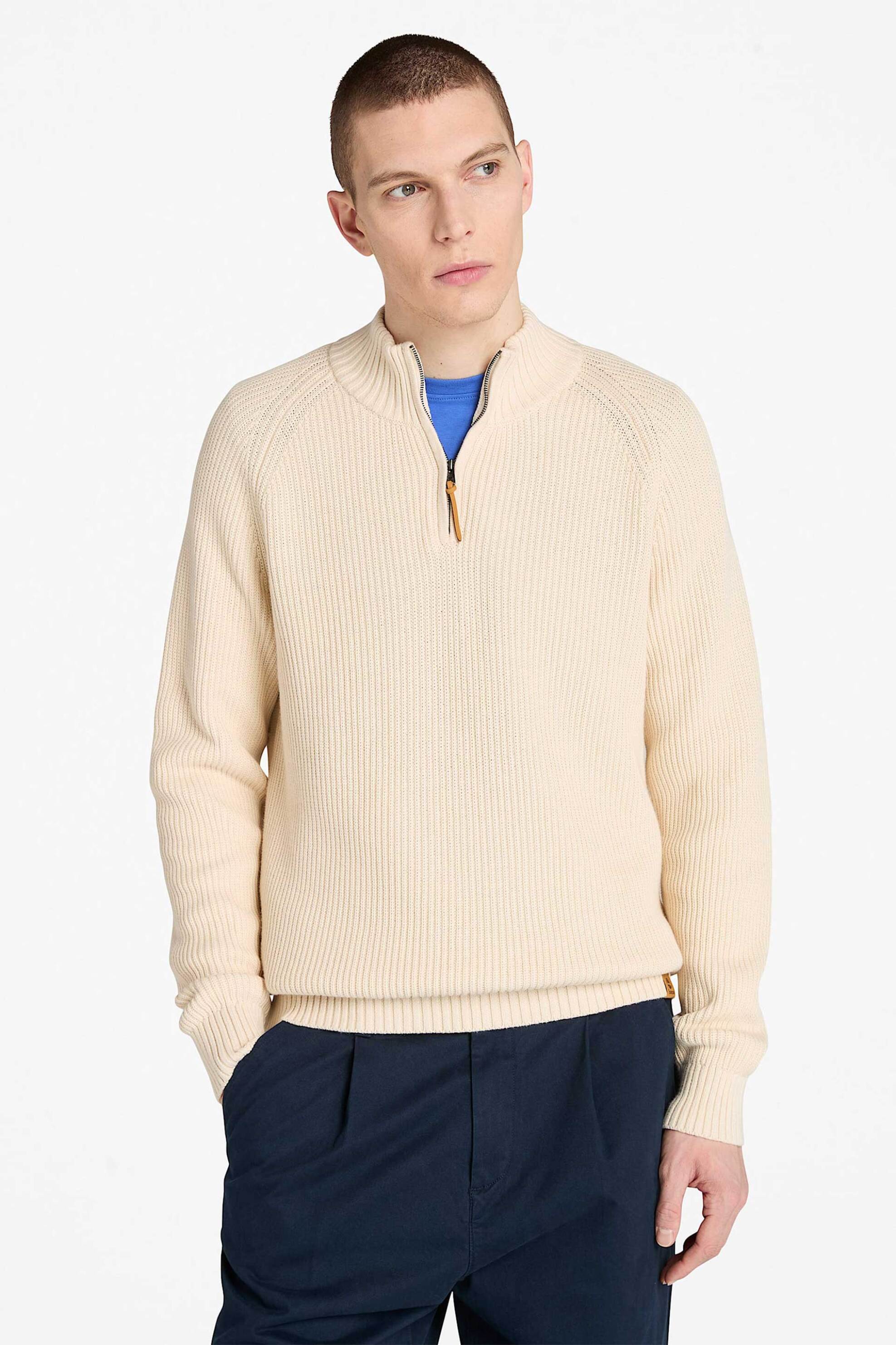 Timberland ανδρικό πουλόβερ textured με φερμουάρ 1/2 Regular Fit "Williams River" - TB0A5M8PEFL1 Μπεζ