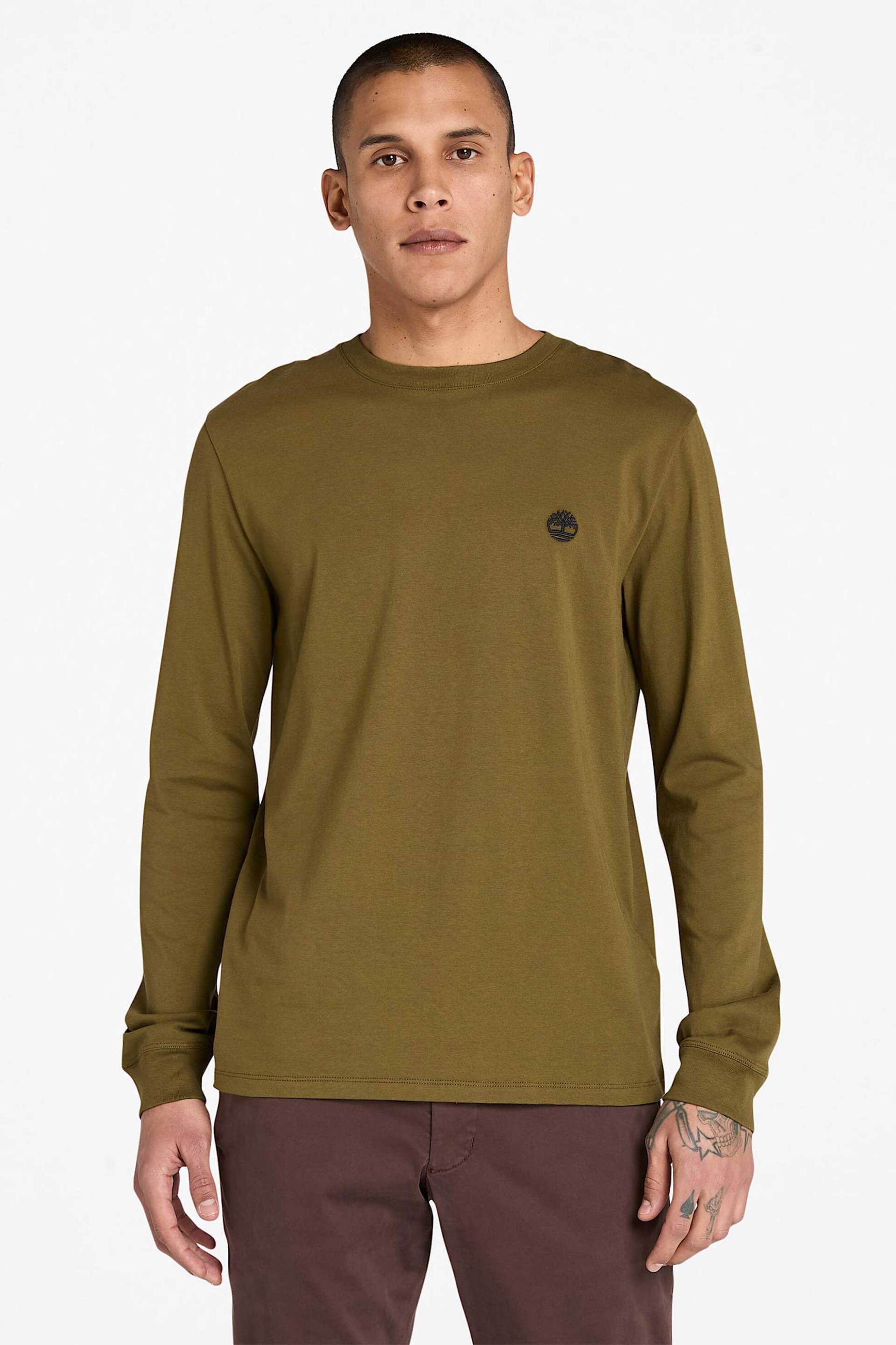 Timberland ανδρική μακρυμάνικη μπλούζα μονόχρωμη με κεντημένο λογότυπο Slim Fit "Dunstan River" - TB0A2BQ33021 Χακί