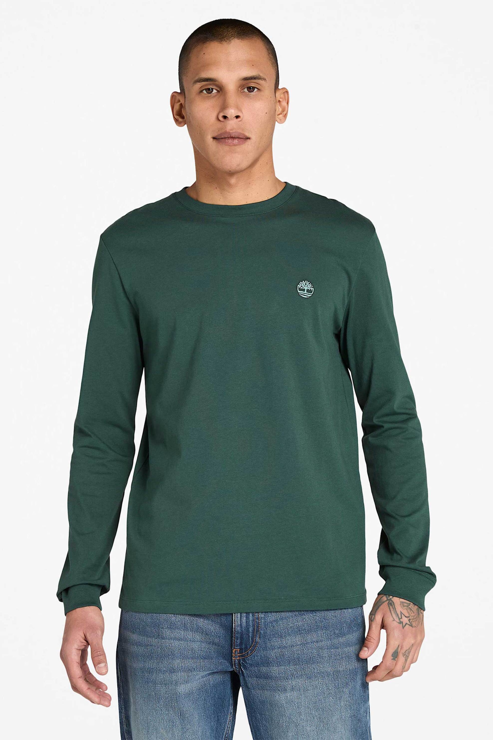 Timberland ανδρική μακρυμάνικη μπλούζα μονόχρωμη με κεντημένο λογότυπο Slim Fit "Dunstan River" - TB0A2BQ33171 Πράσινο Σκούρο