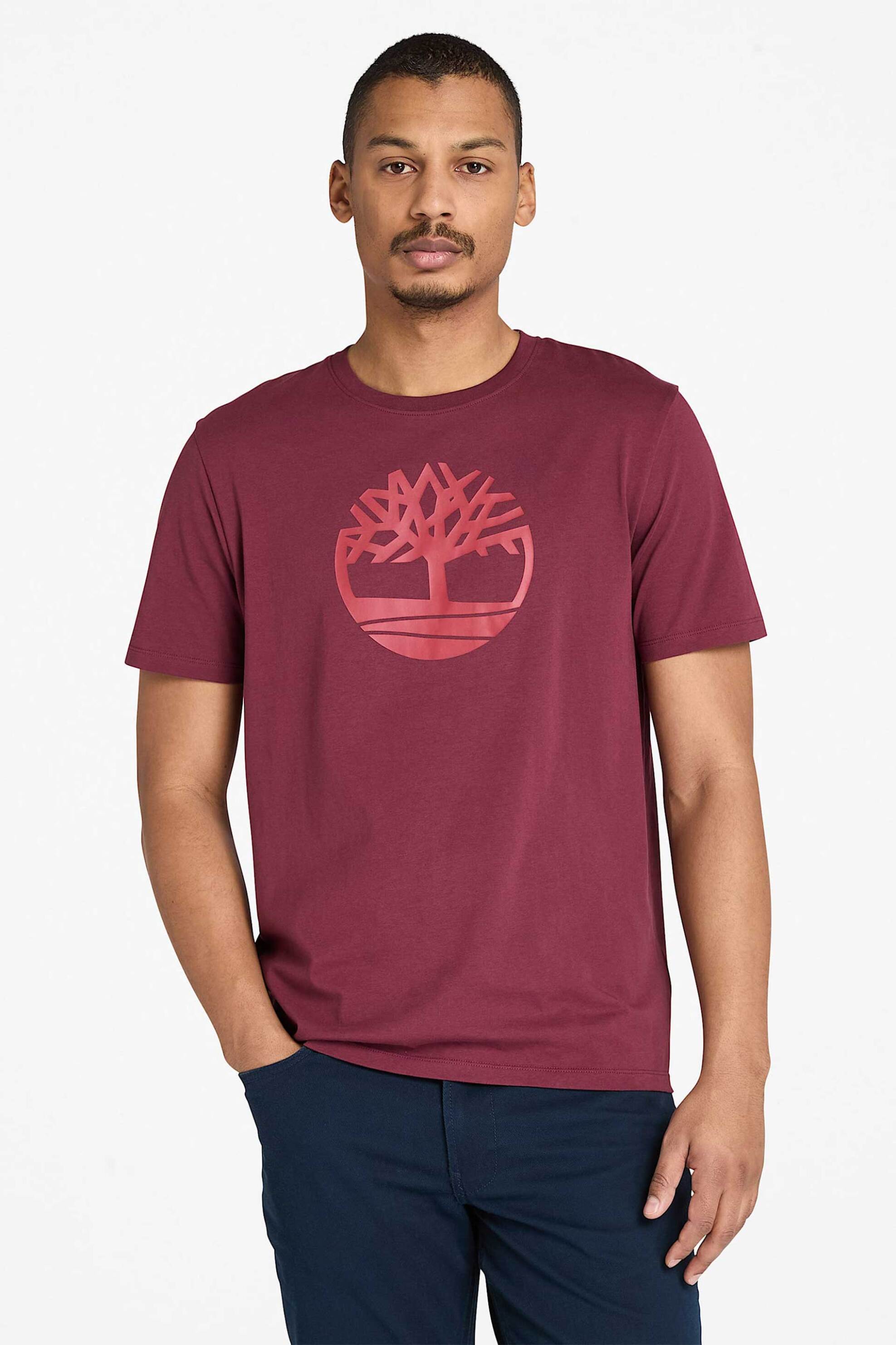 Timberland ανδρικό T-shirt μονόχρωμο με logo print Regular Fit "Kennebec River" - TB0A2C2R6481 Μπορντό