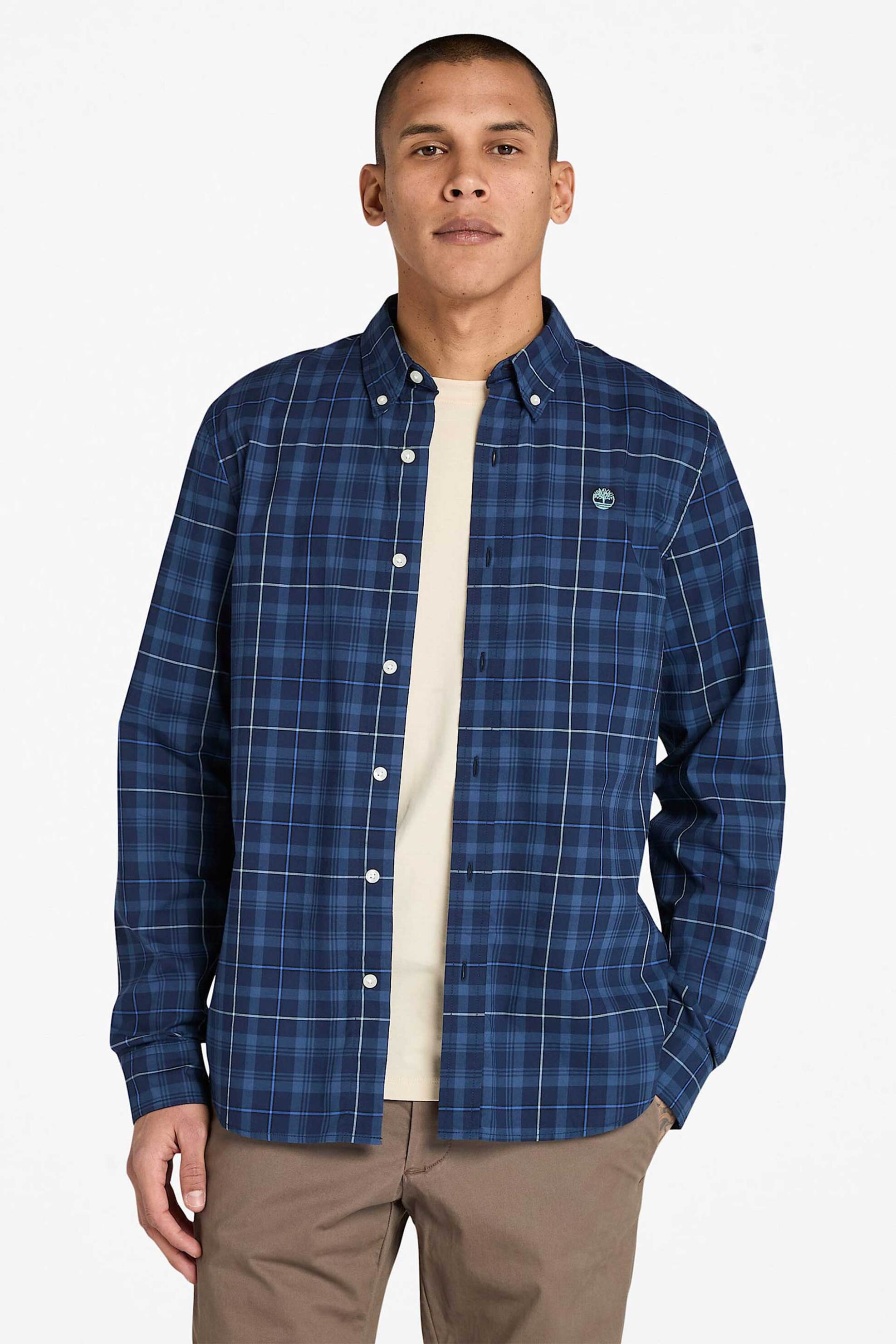Timberland ανδρικό πουκάμισο stretch poplin button down με καρό σχέδιο και κεντημένο λογότυπο Slim Fit - TB0A5M16V821 Μπλε Σκούρο