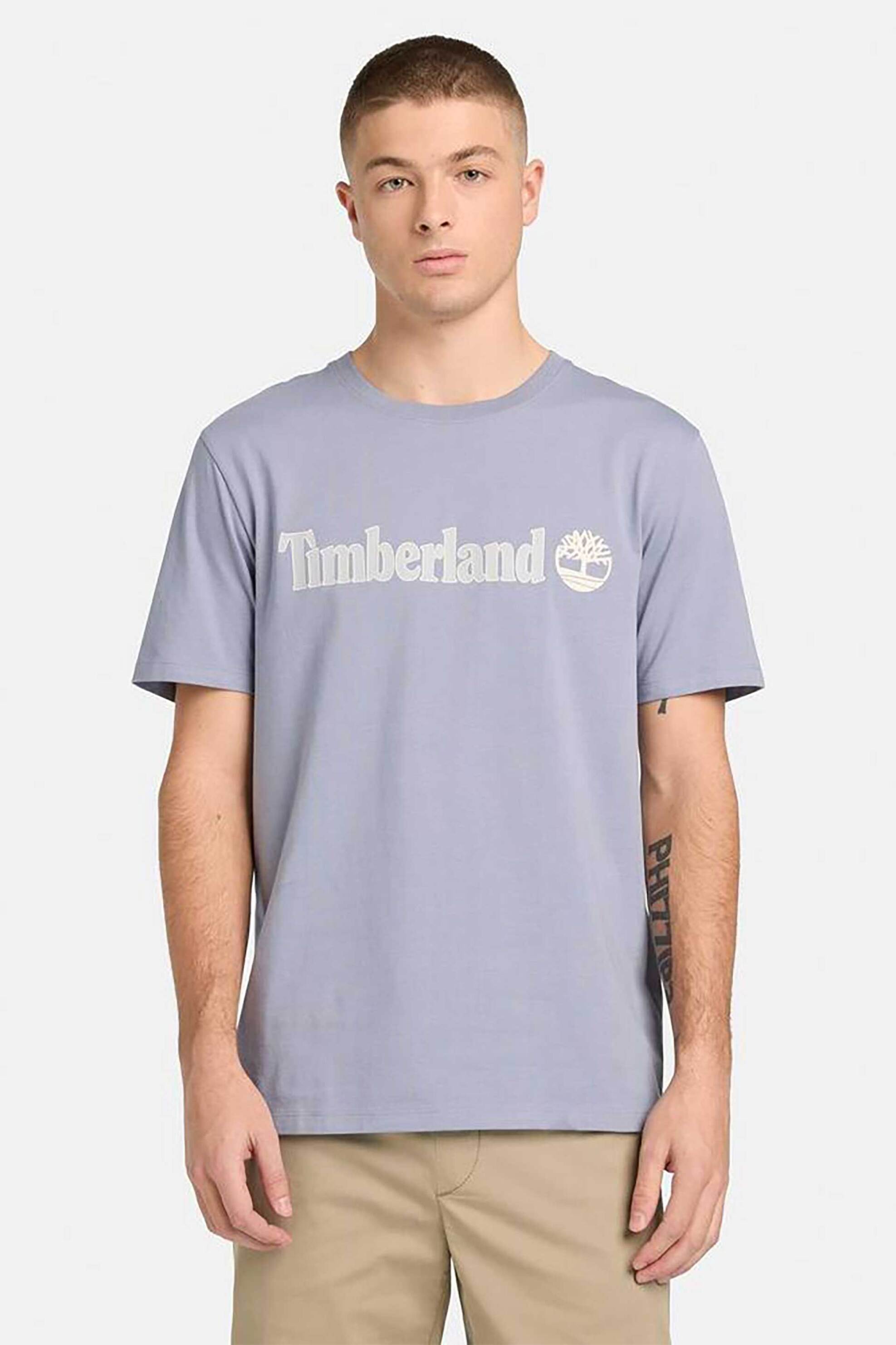 Timberland ανδρικό T-shirt με logo print Regular Fit '' Kennebec River Linear Logo'' - TB0A5UPQB881 Γκρι Γαλάζιο