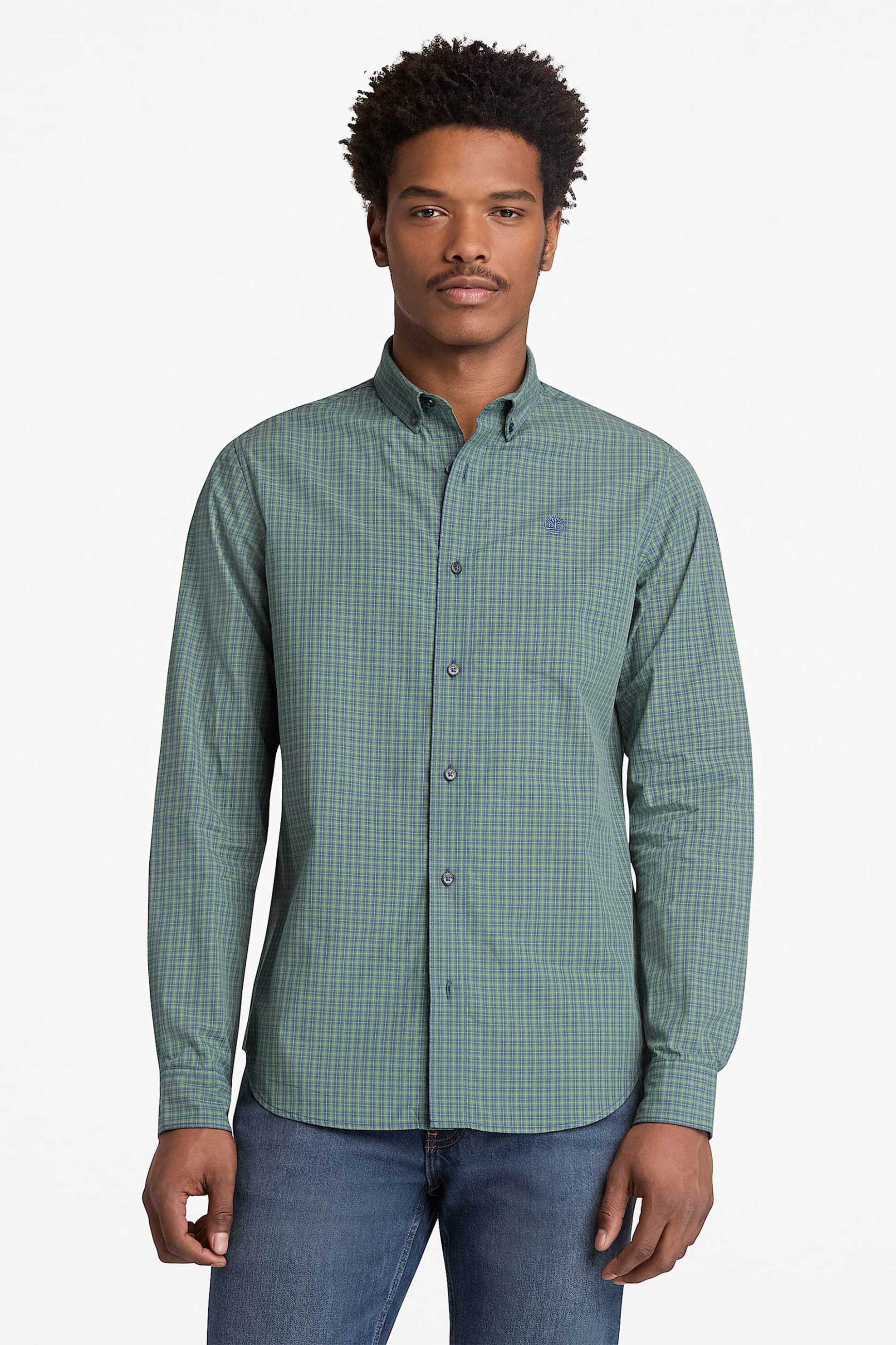 Timberland ανδρικό πουκάμισο button down με καρό σχέδιο και κεντημένο logo tree Regular Fit "Micro Plaid Poplin" - TB0A6JG7A7A1 Πράσινο