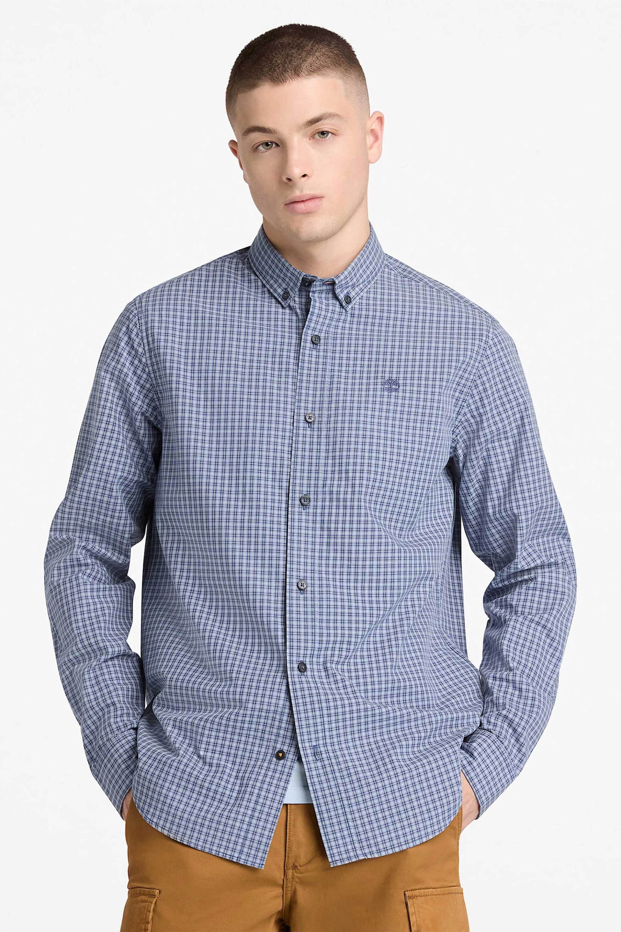 Timberland ανδρικό πουκάμισο button down με καρό σχέδιο και κεντημένο logo tree Regular Fit "Micro Plaid Poplin" - TB0A6JG7A7P1 Μπλε