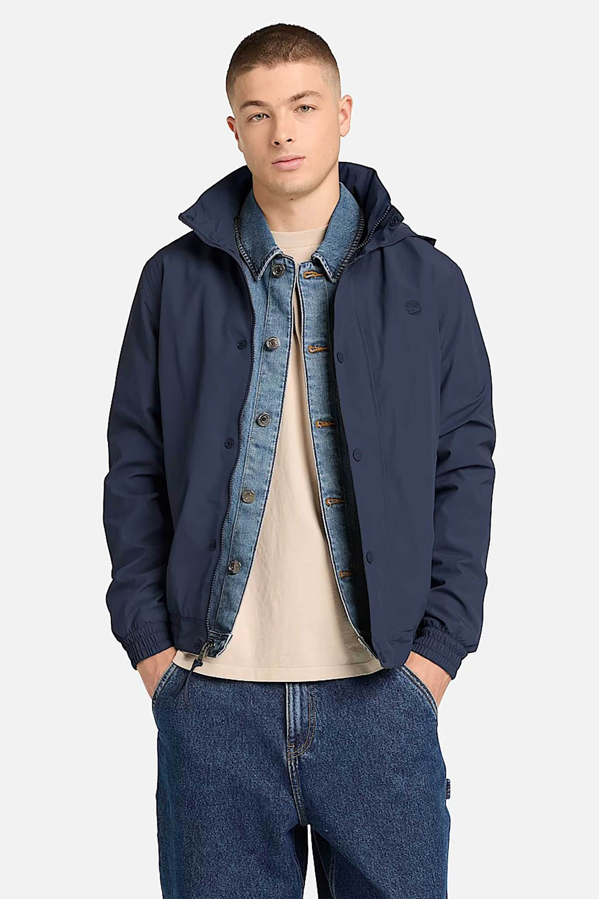 Timberland ανδρικό αδιάβροχο bomber jacket με αποσπώμενη κουκούλα και κεντημένο tree logo - TB0A44MQ4331 Μπλε Σκούρο