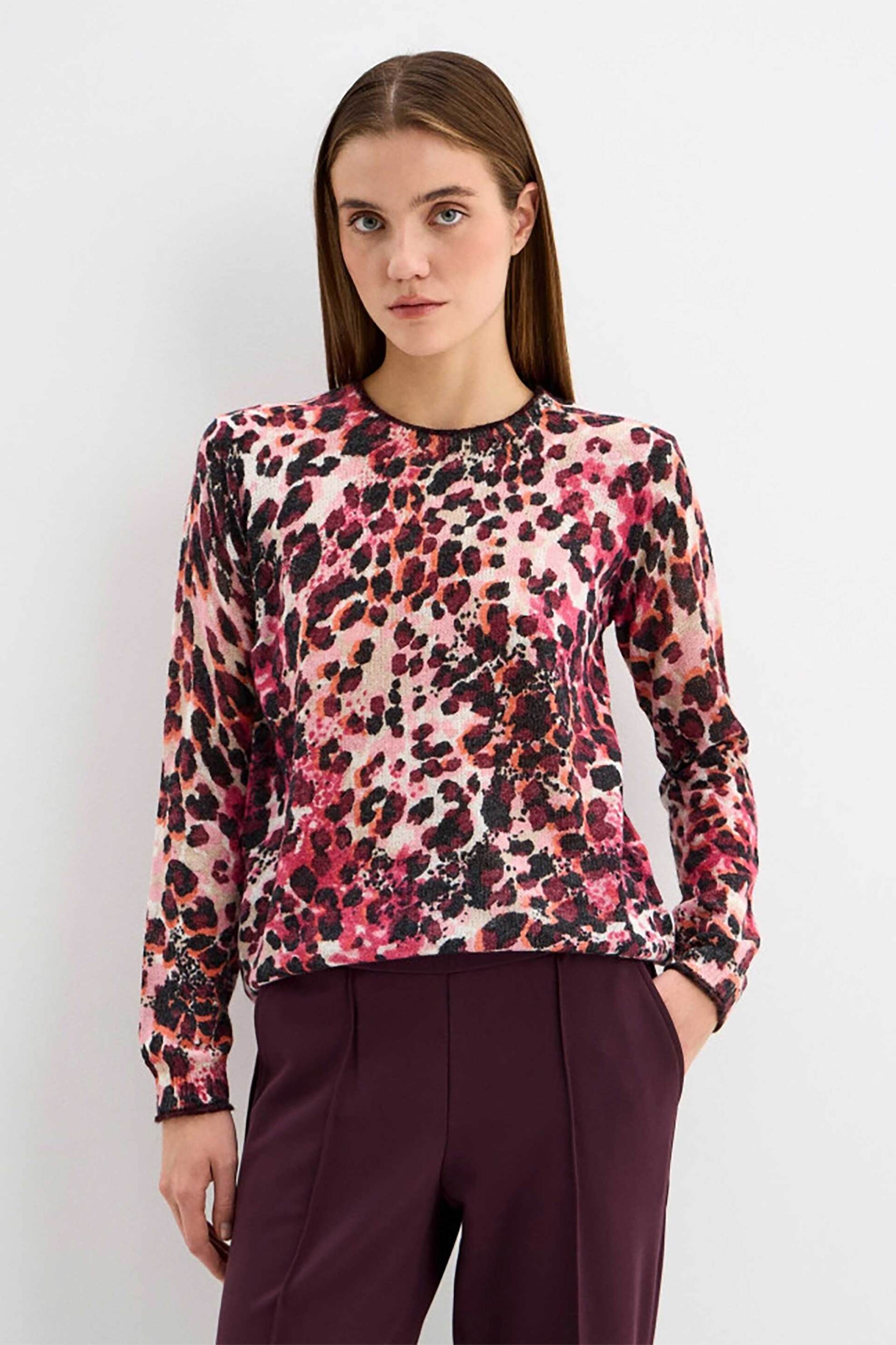 Gerry Weber γυναικείο πουλόβερ με leopard print Straight Cut - 190032-57023 Ροζ