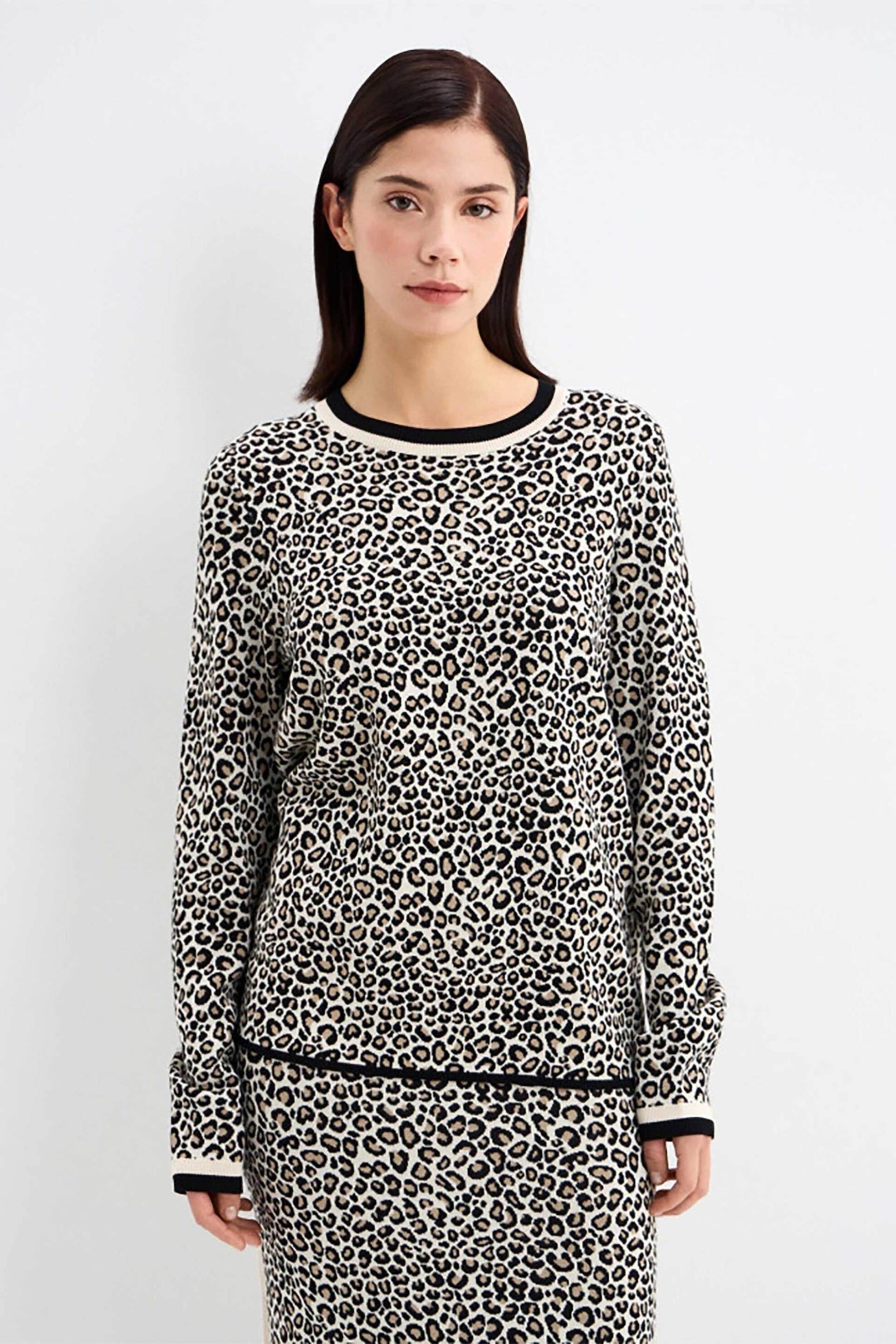 Gerry Weber γυναικείο πουλόβερ με leopard print Straight Cut - 190039-57027 Μπεζ
