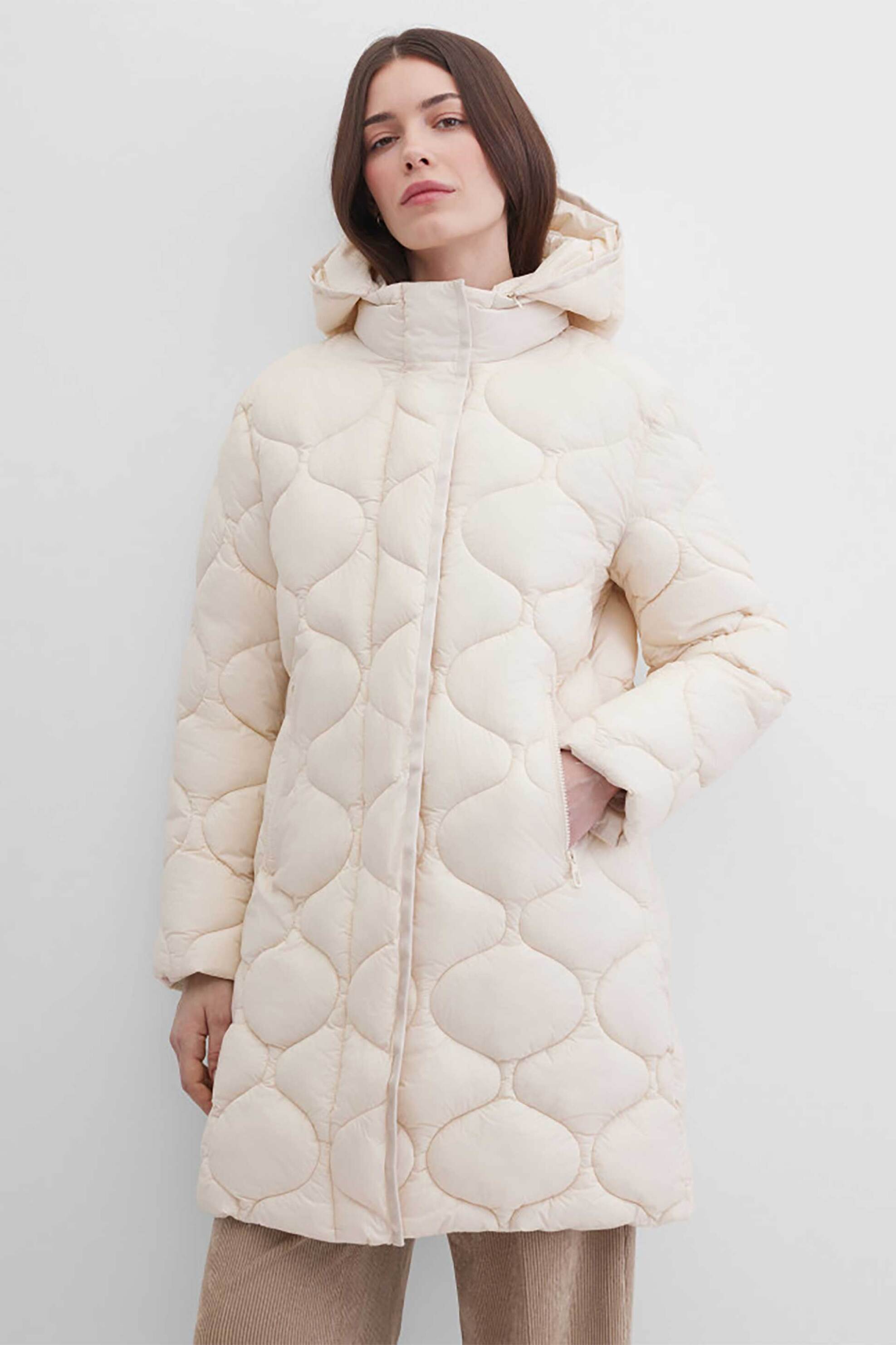 GERRY WEBER Gerry Weber γυναικείο μακρύ μπουφάν με καπιτονέ σχέδιο και κουκούλα Loose Straight Fit - 250063-61040 Μπεζ