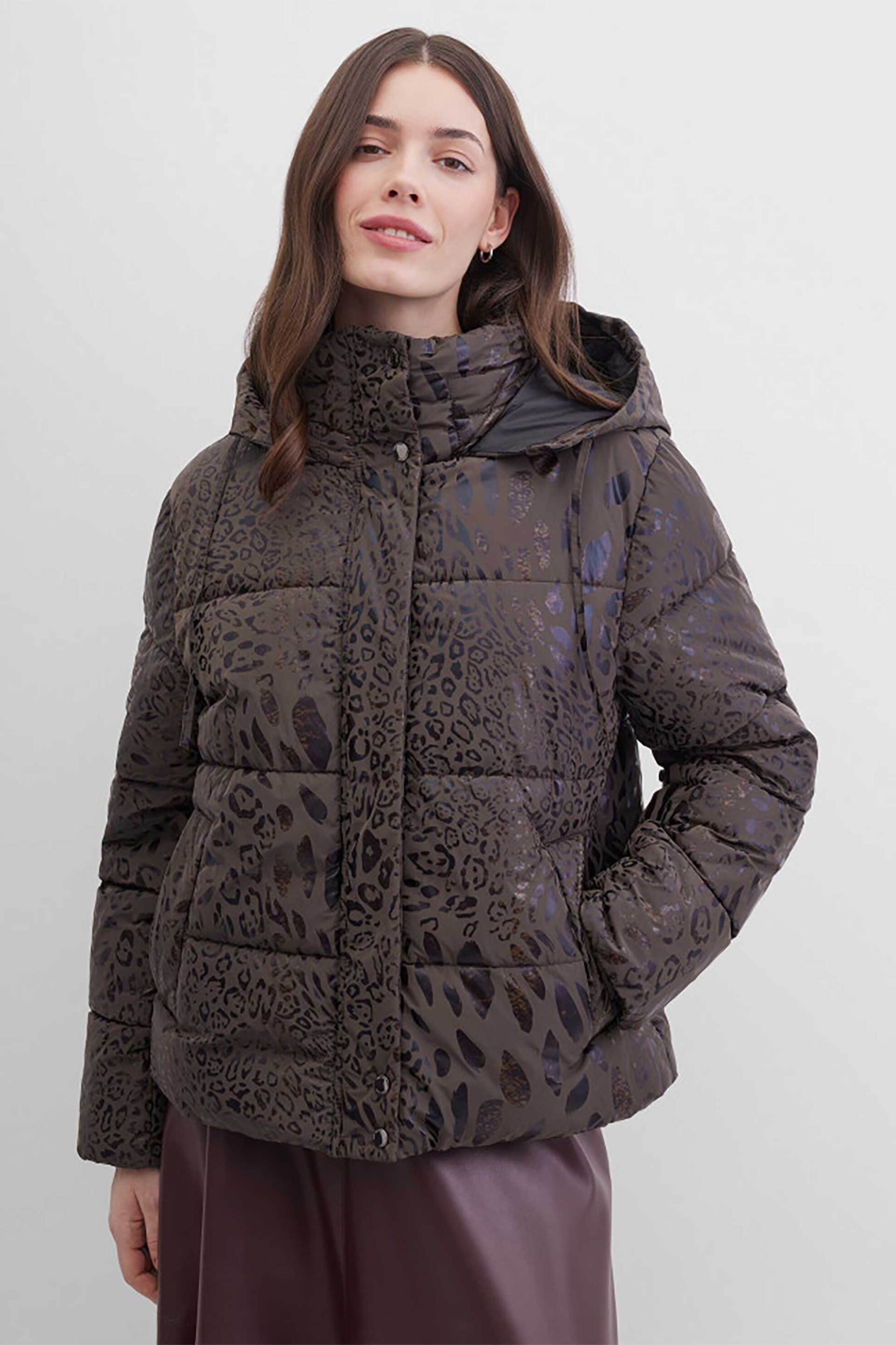 Gerry Weber γυναικείο μπουφάν με κουκούλα και leopard print - 250040-61029 Καφέ Σκούρο