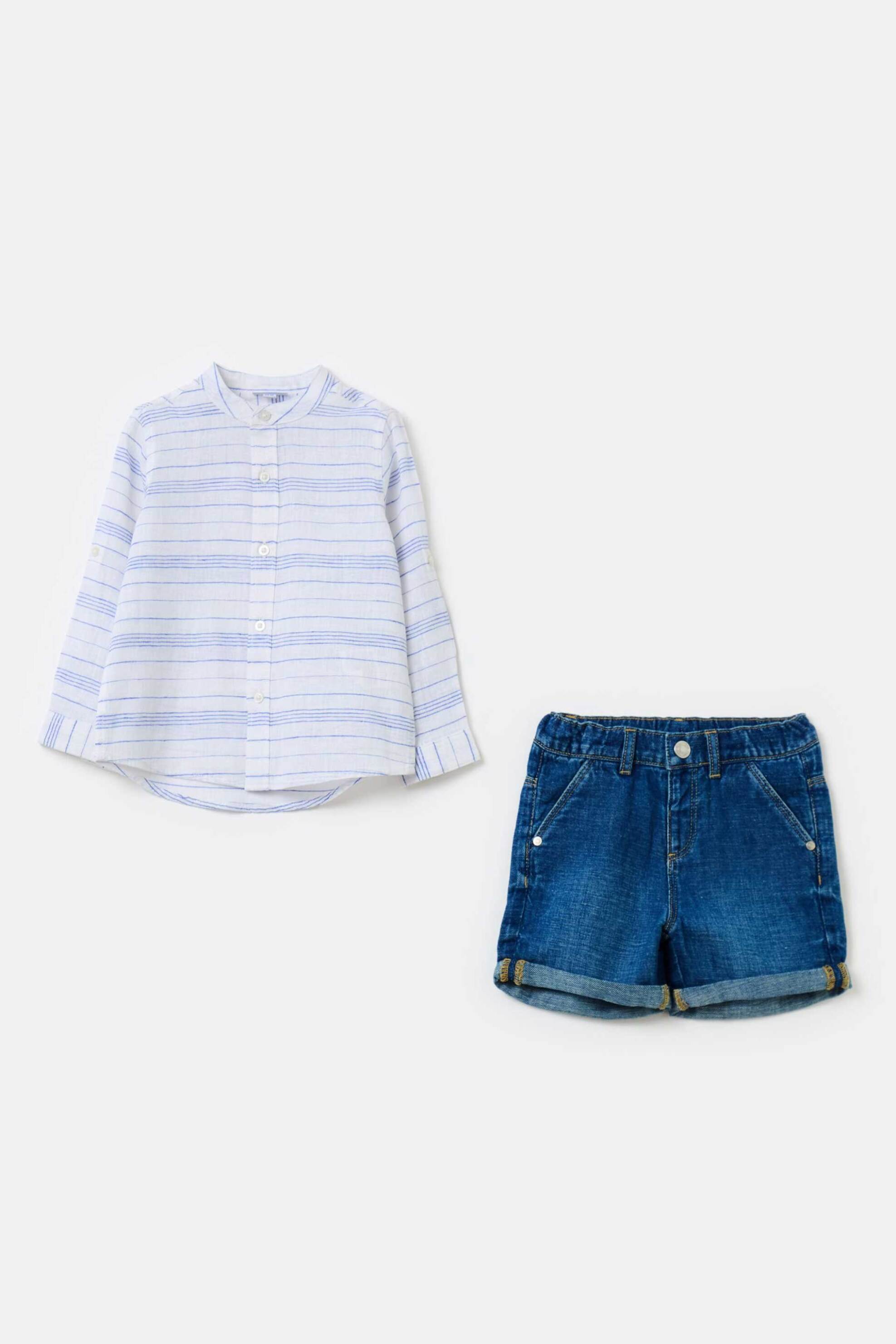 OVS KIDS OVS βρεφικό σετ με denim βερμούδα και λινό πουκάμισο με ριγέ σχέδιο - 001988916 Λευκό