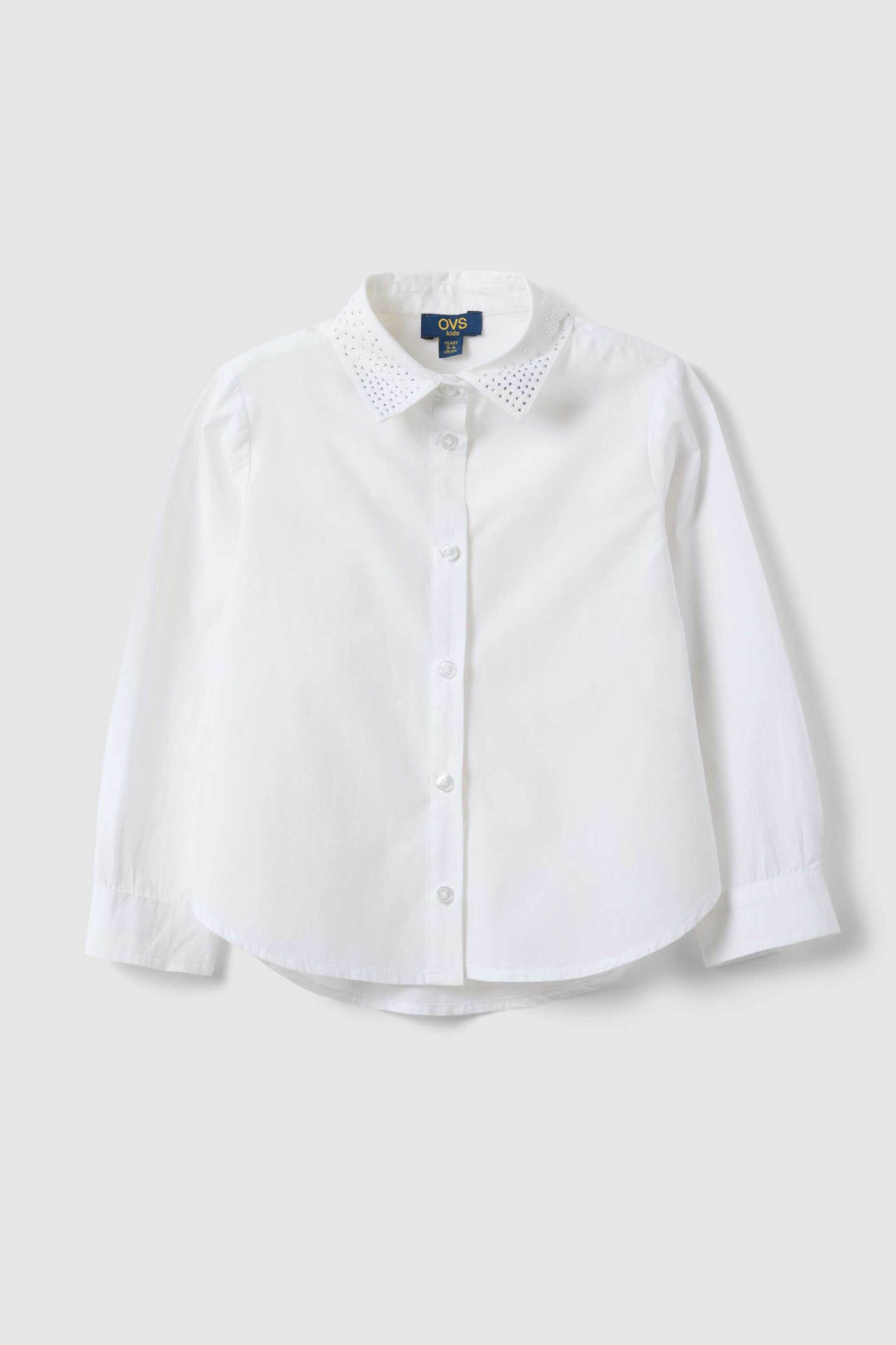 OVS παιδικό βαμβακερό πουκάμισο με στρας μονόχρωμο - 002447022 Λευκό