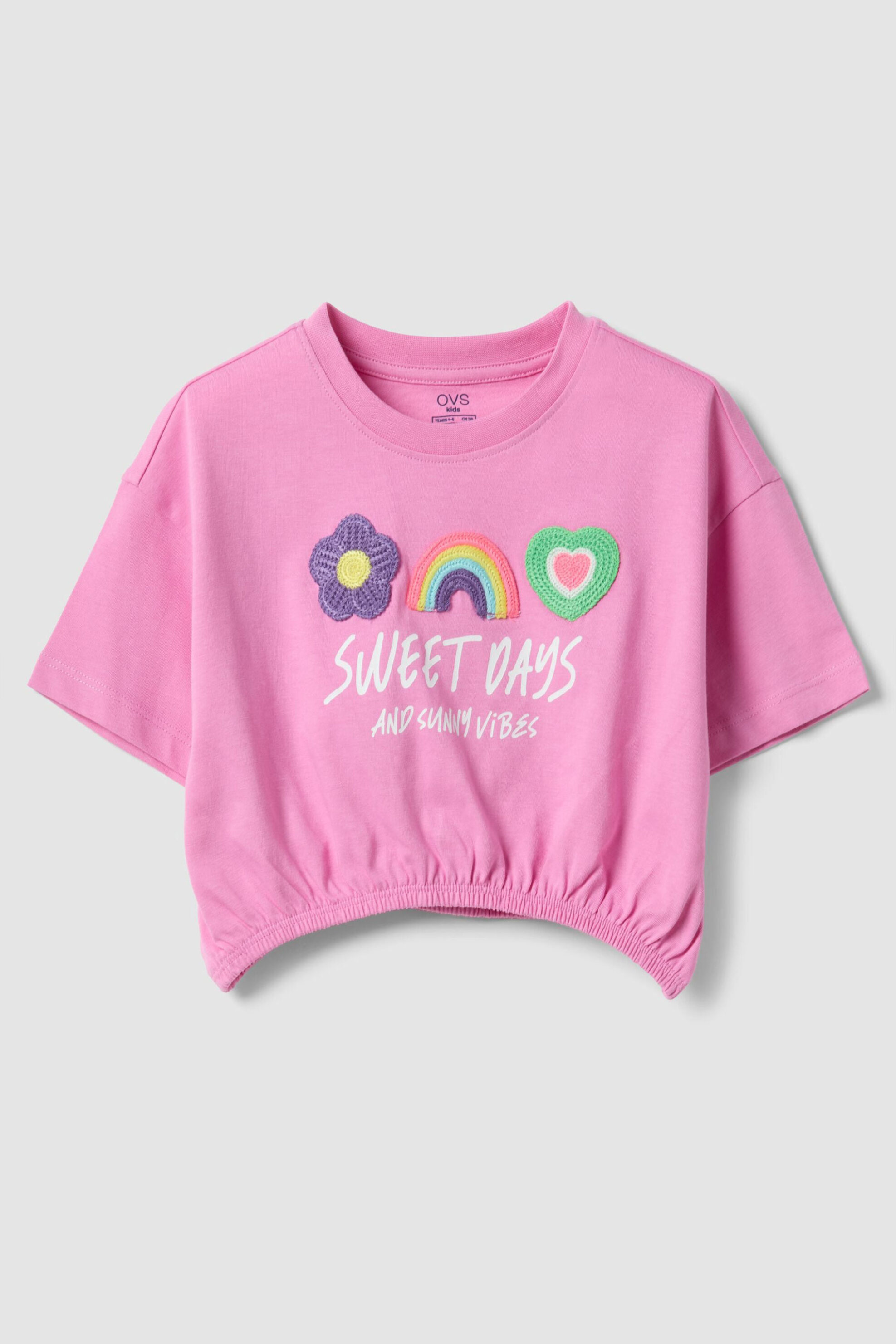 OVS παιδικό T-shirt με κεντήματα και ελαστικό τελείωμα - 002655004 Ροζ