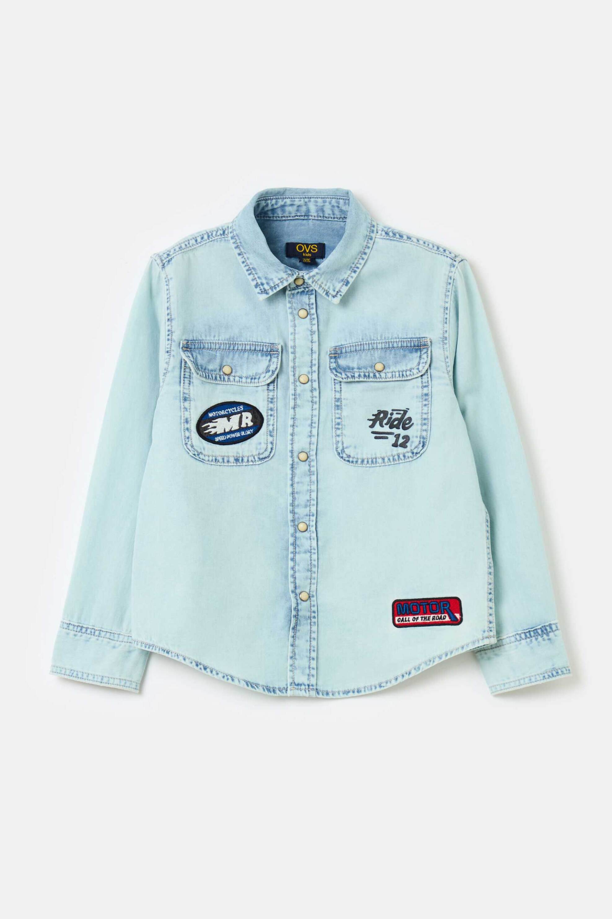 OVS παιδικό denim πουκάμισο μονόχρωμο με τσέπες flap και patches - 001965341 Denim Blue Ανοιχτό