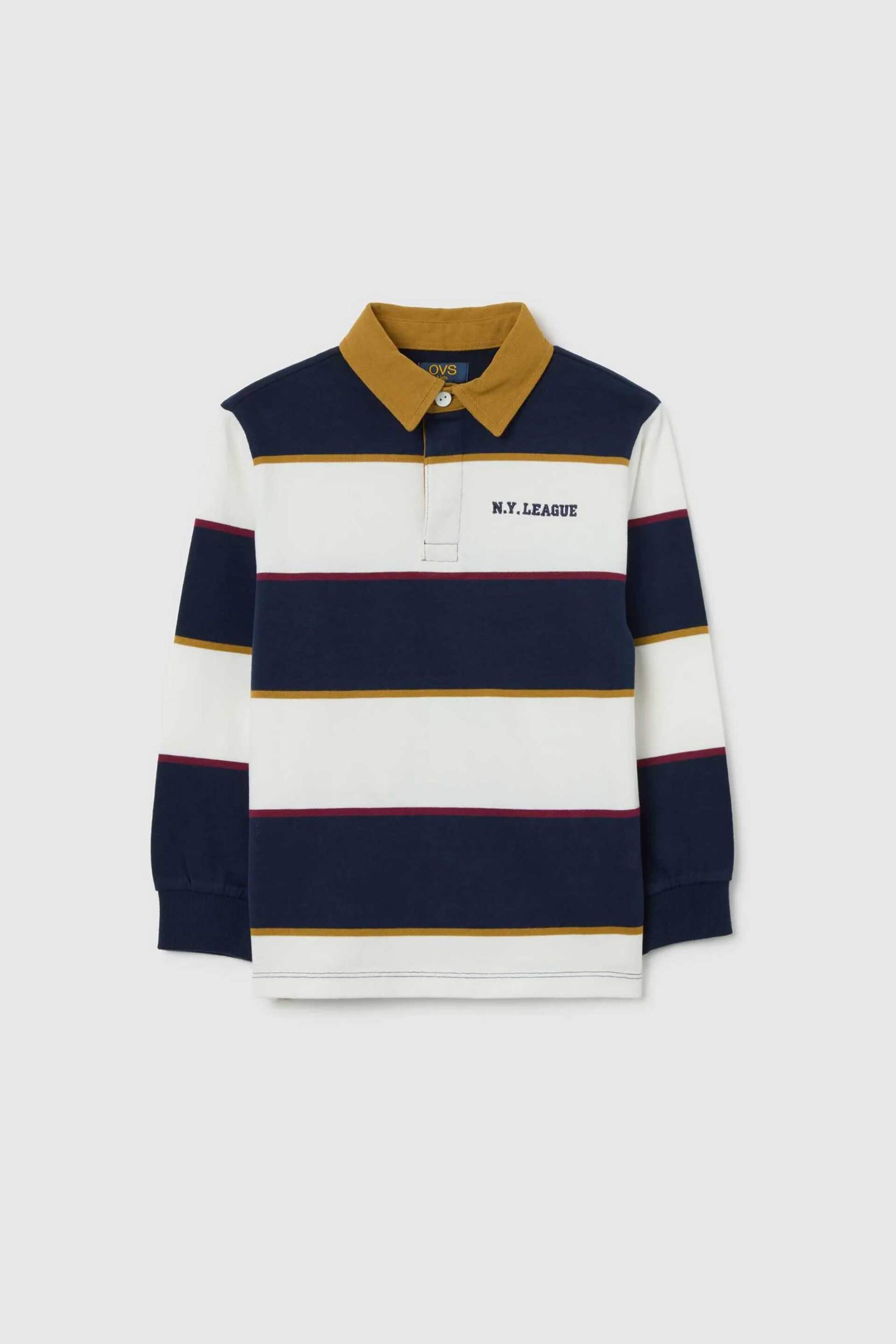 OVS παιδική μπλούζα πόλο με print και ριγέ σχέδιο - 002455897 Λευκό - Μπλε