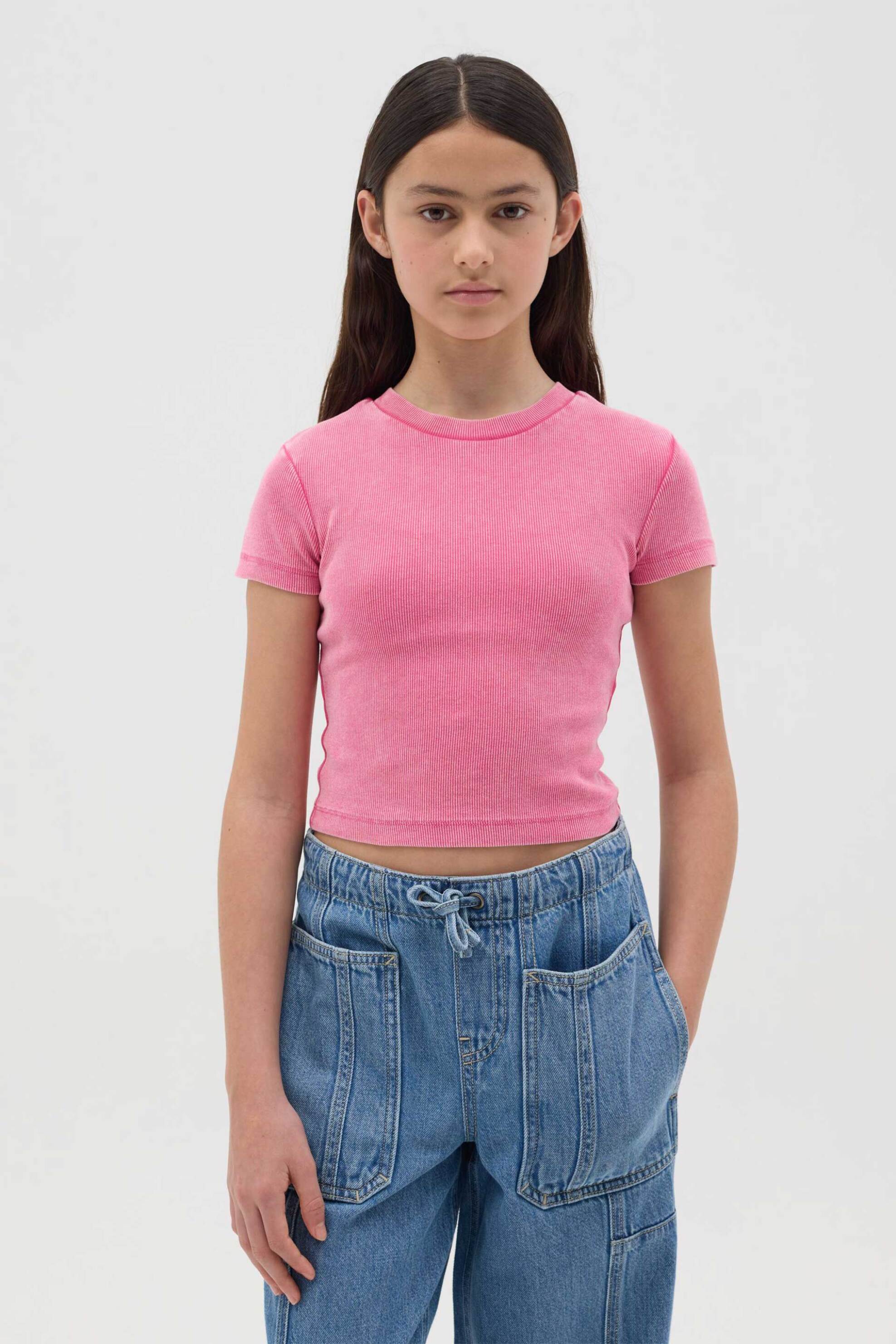 OVS παιδικό T-shirt ribbed μονόχρωμο Slim Fit - 002258178 Ροζ