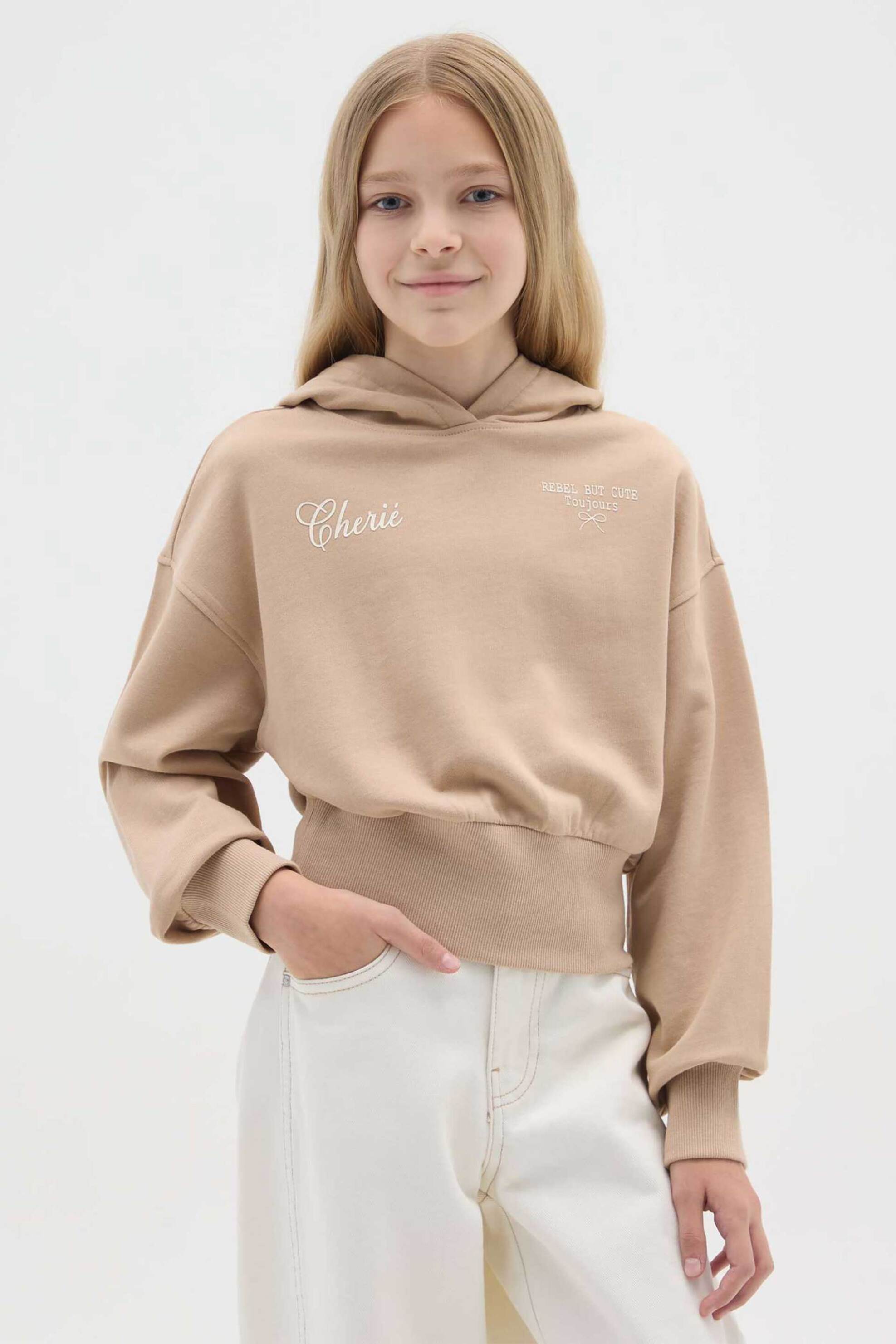 OVS παιδική μπλούζα φούτερ με lettering και κουκούλα Regular Fit - 002468059 Καφέ Ανοιχτό