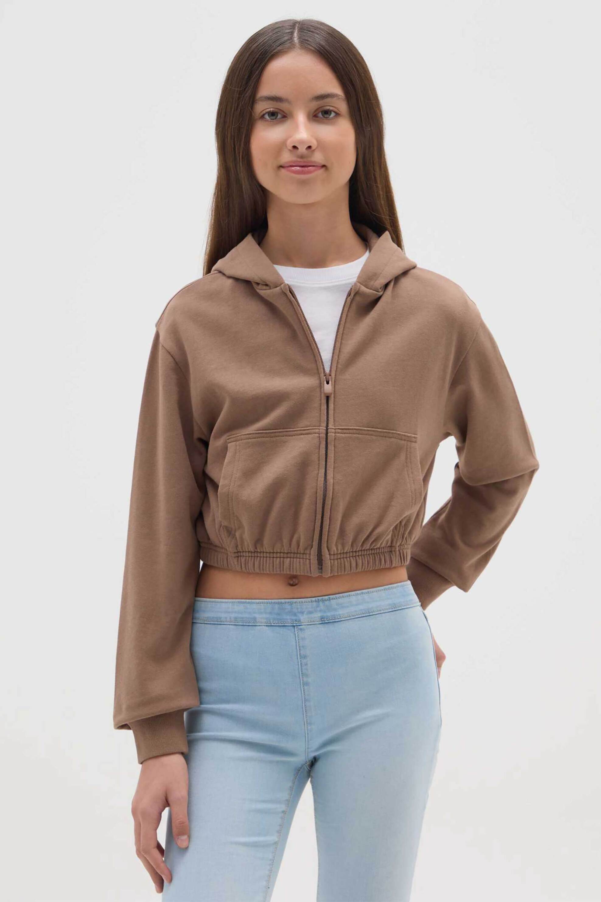 OVS παιδική ζακέτα φούτερ με κουκούλα μονόχρωμη Regular Fit - 002468084 Καφέ