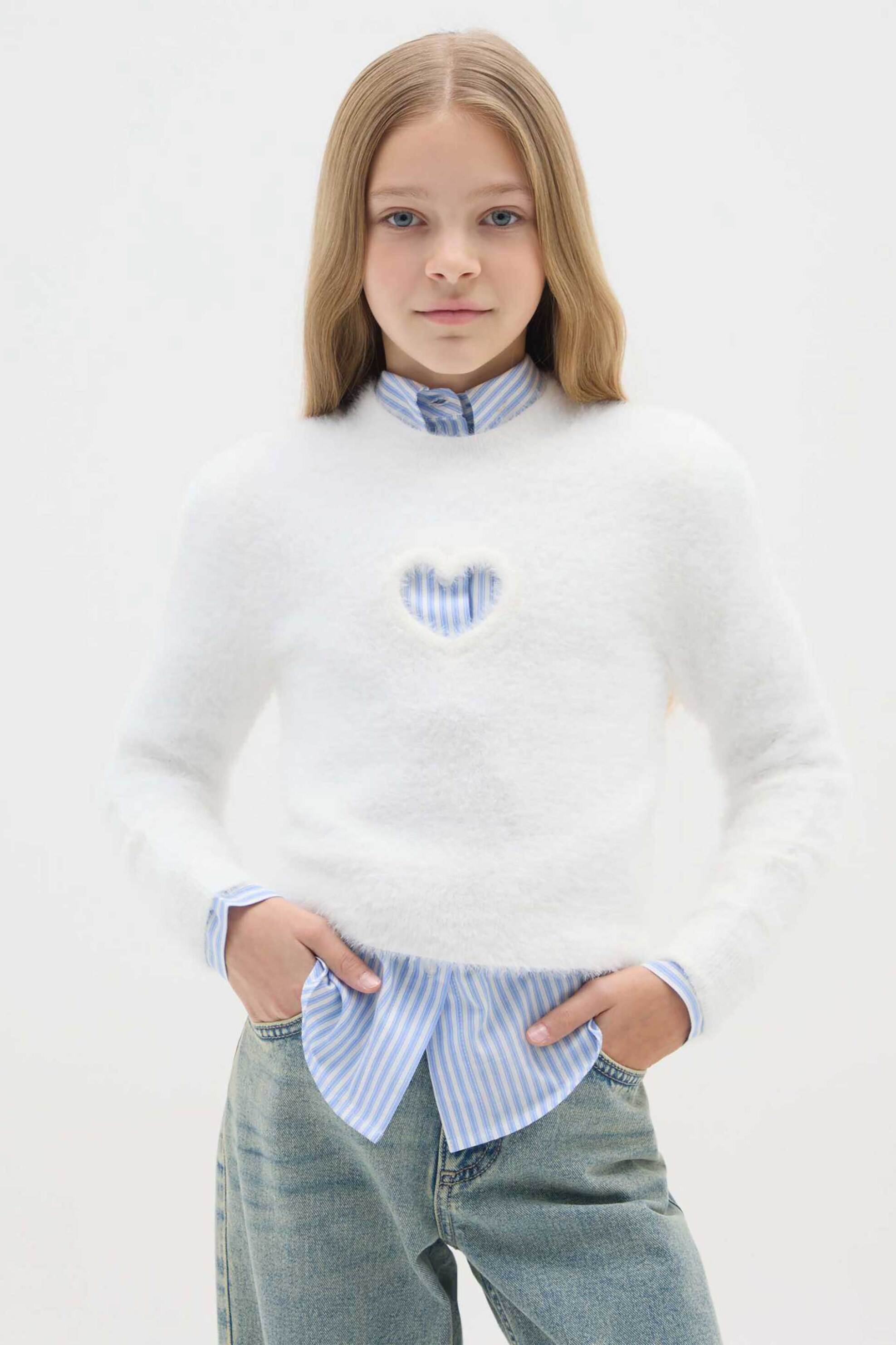 OVS παιδικό πουλόβερ μονόχρωμο με διάτρητο σχέδιο καρδιά Slim Fit - 002475450 Λευκό