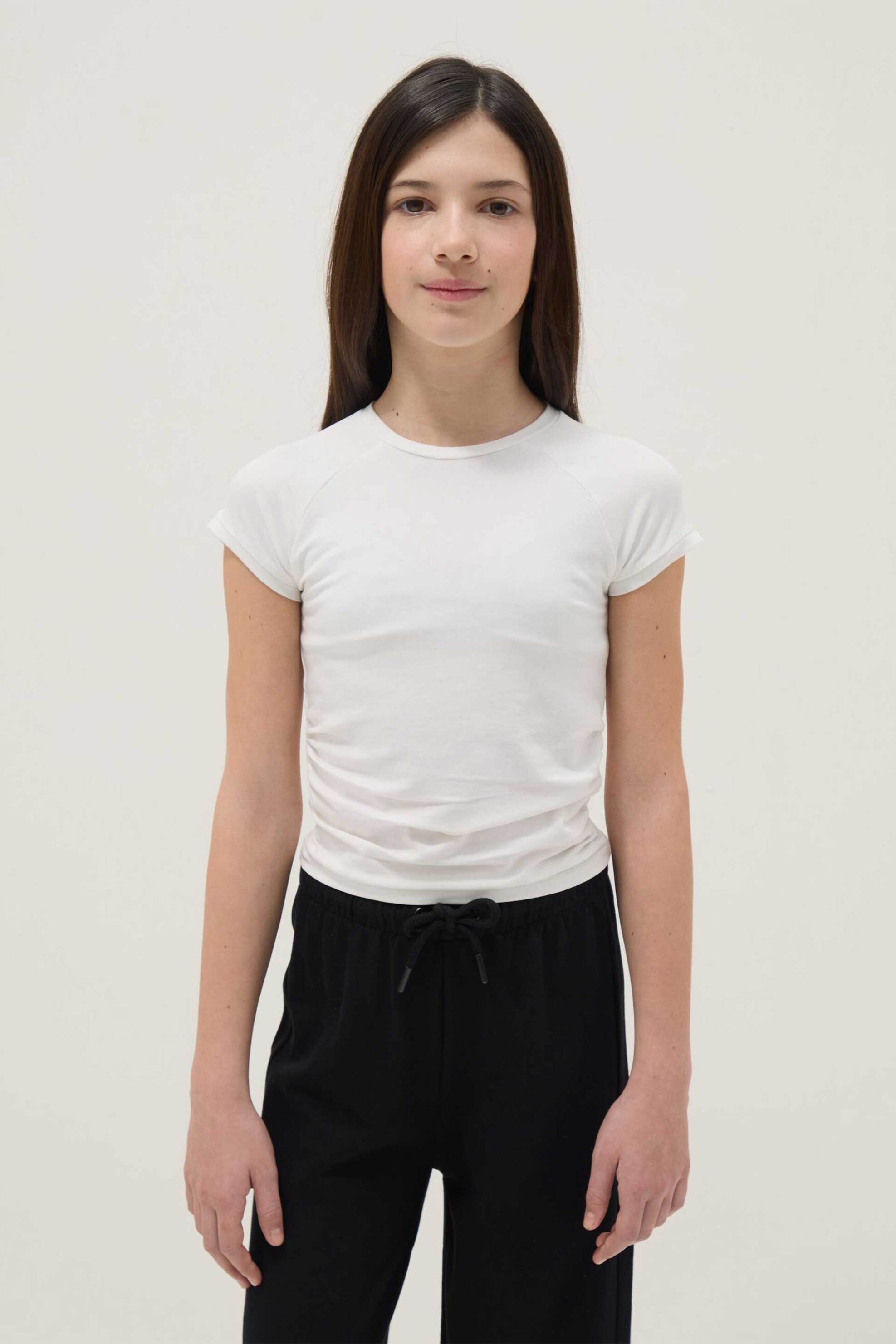 OVS παιδικό T-shirt μονόχρωμο με σούρες Slim Fit - 002615259 Λευκό