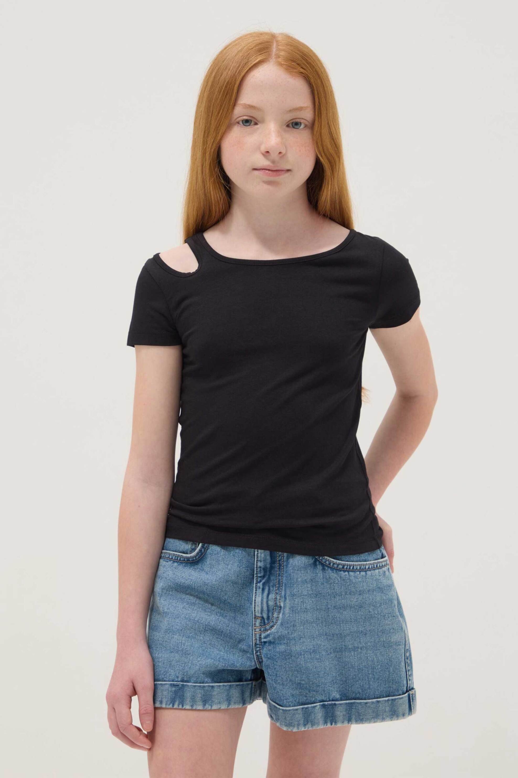 OVS παιδικό τοπ T-shirt ribbed με cut out σχέδιο - 002686916 Μαύρο