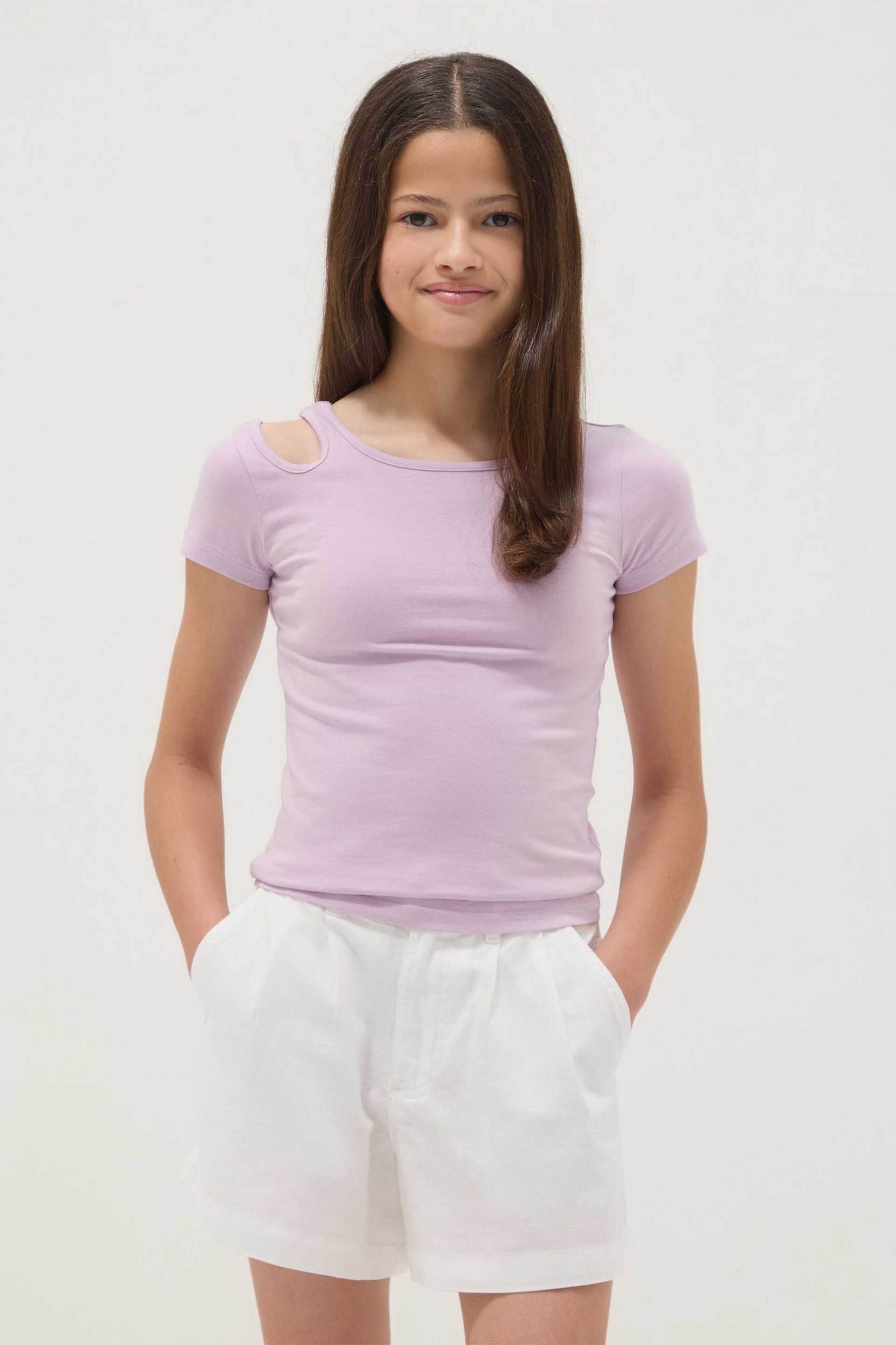 OVS παιδικό τοπ T-shirt ribbed με cut out σχέδιο - 002686921 Λιλά